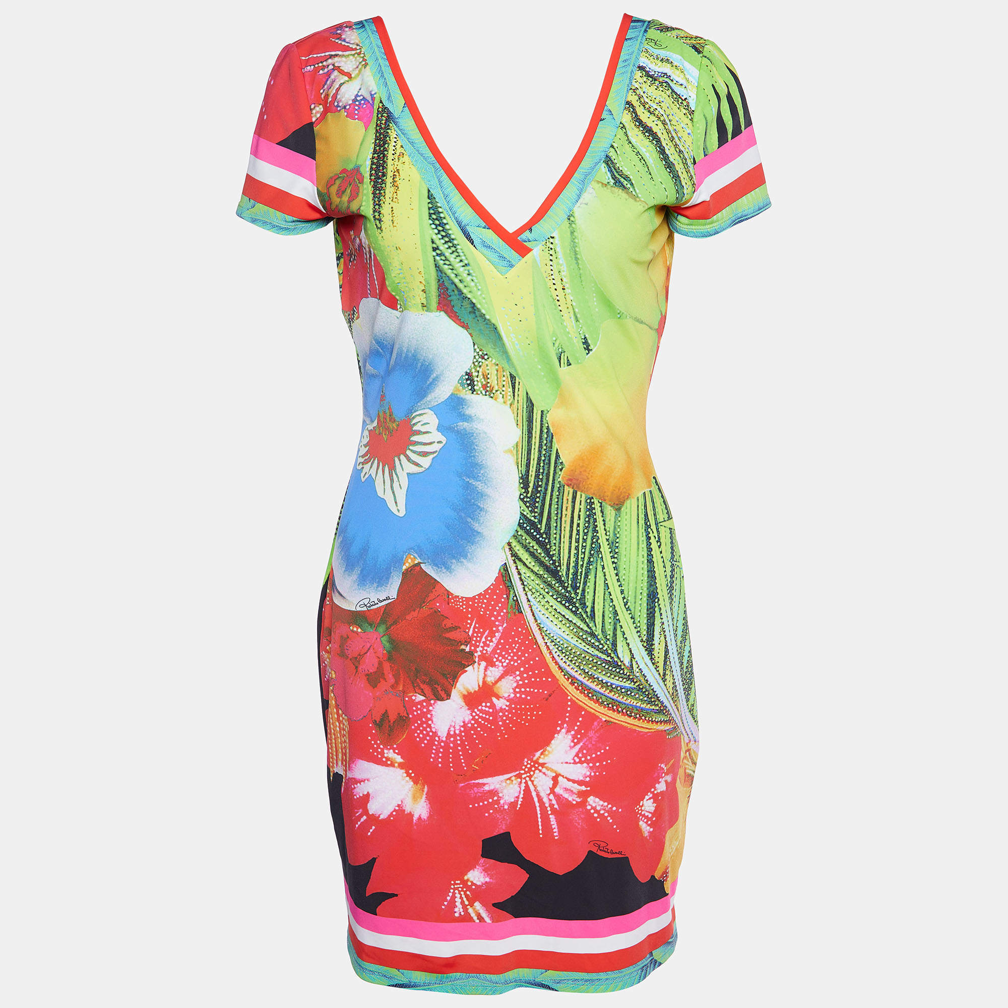 Pre Owned Roberto Cavalli Multicolor Printed Jersey Low Back Mini Dress L