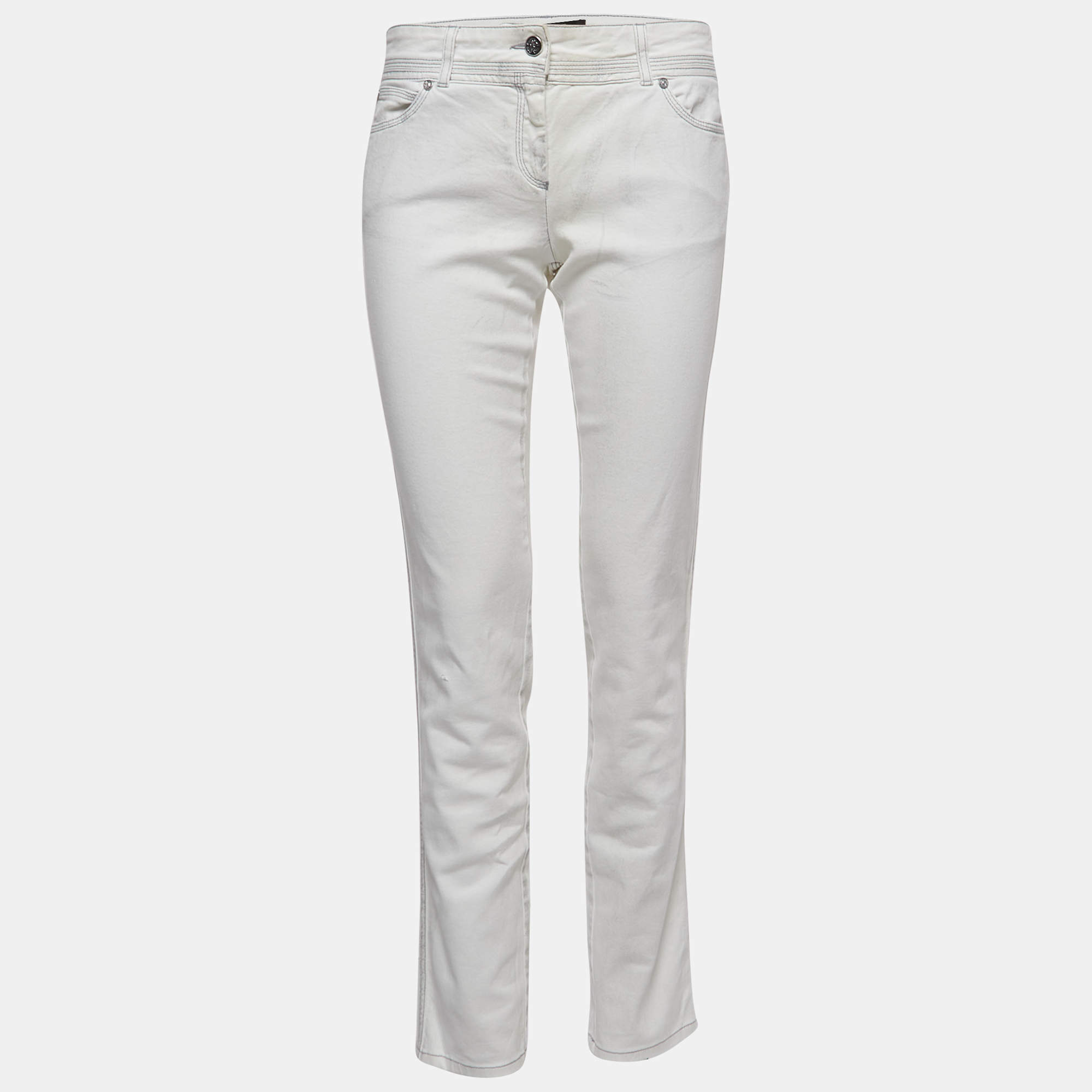 Pre Owned Roberto Cavalli White Patterned Denim Stitch Detailed  Jeans M Waist 30"