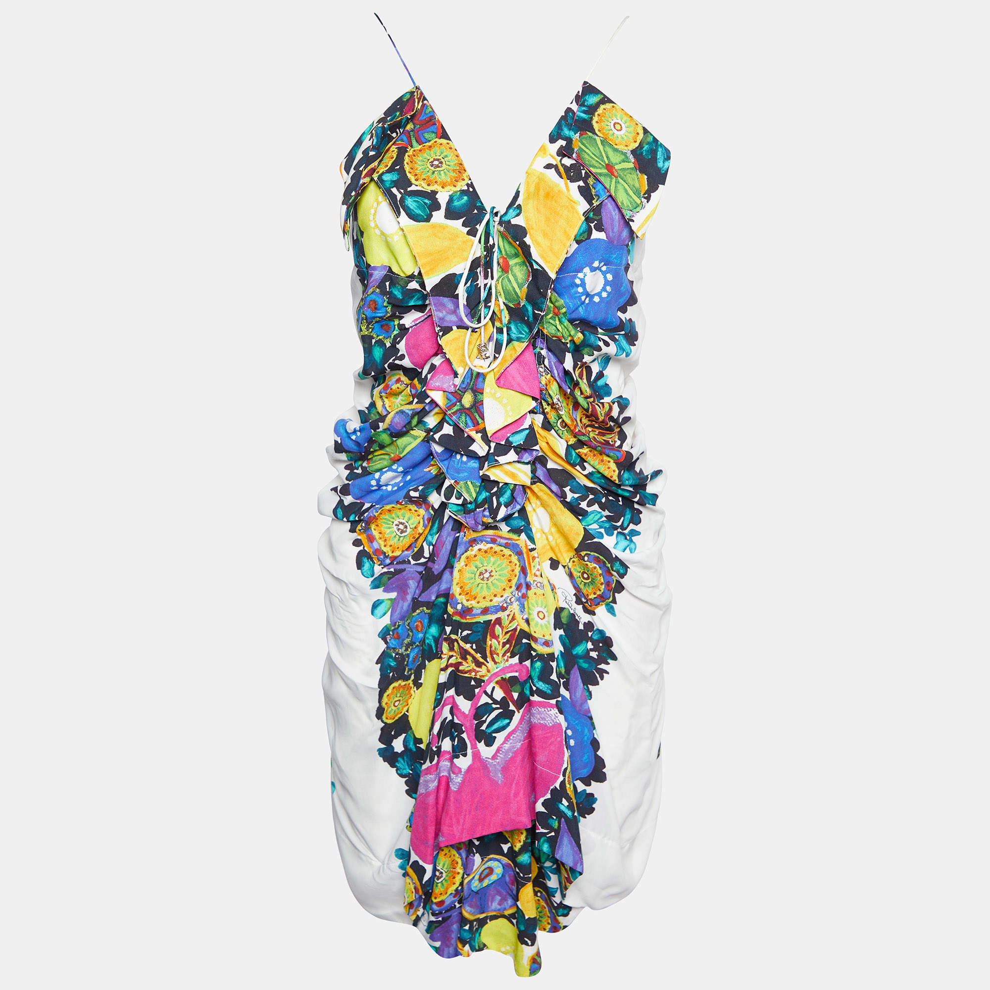 Pre Owned Roberto Cavalli Multicolor Printed Viscose Ruched Sleeveless Mini Dress L