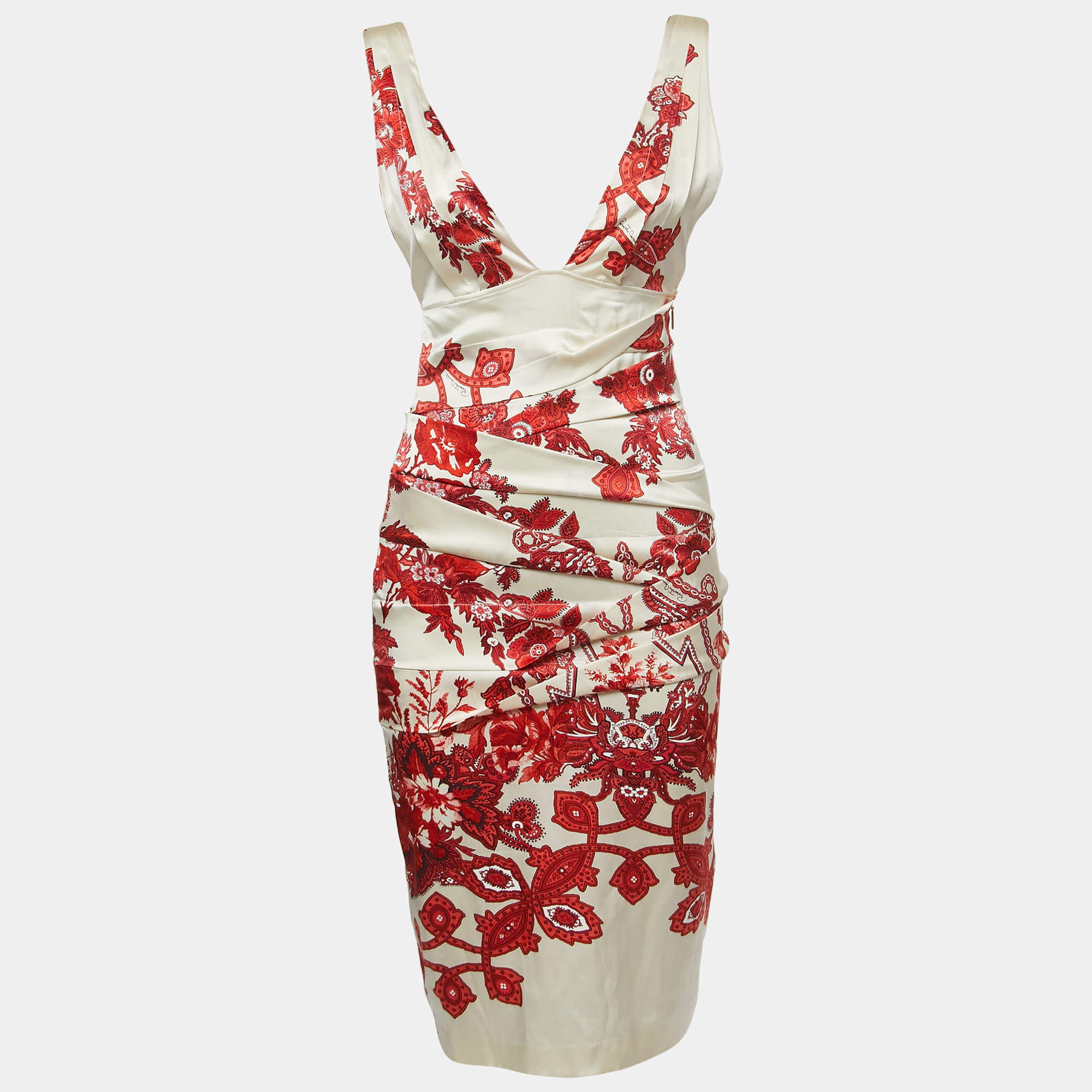 Pre Owned Roberto Cavalli Cream Printed Satin Tiered Plunge Neck Sleeveless Dress S