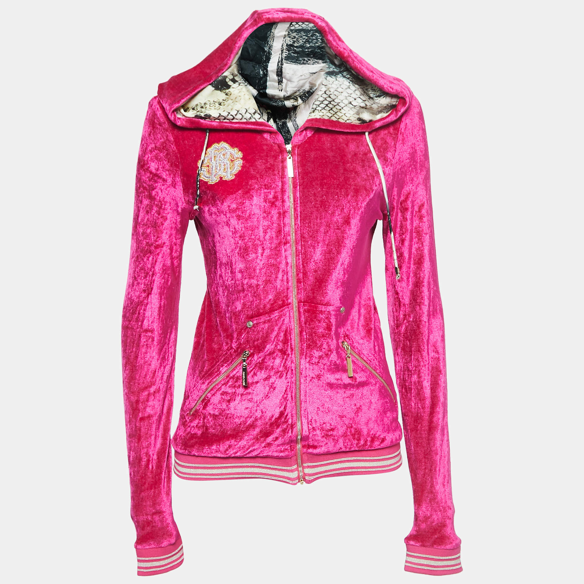 مملوكة مسبقًا Roberto Cavalli Pink Velvet Logo Patch Zip Front Hooded Jacket M