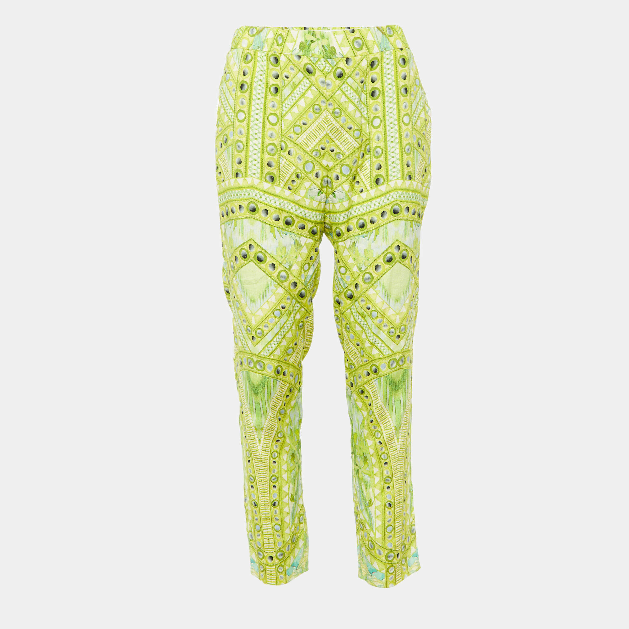 Pre Owned Roberto Cavalli Green Print Silk Trousers M