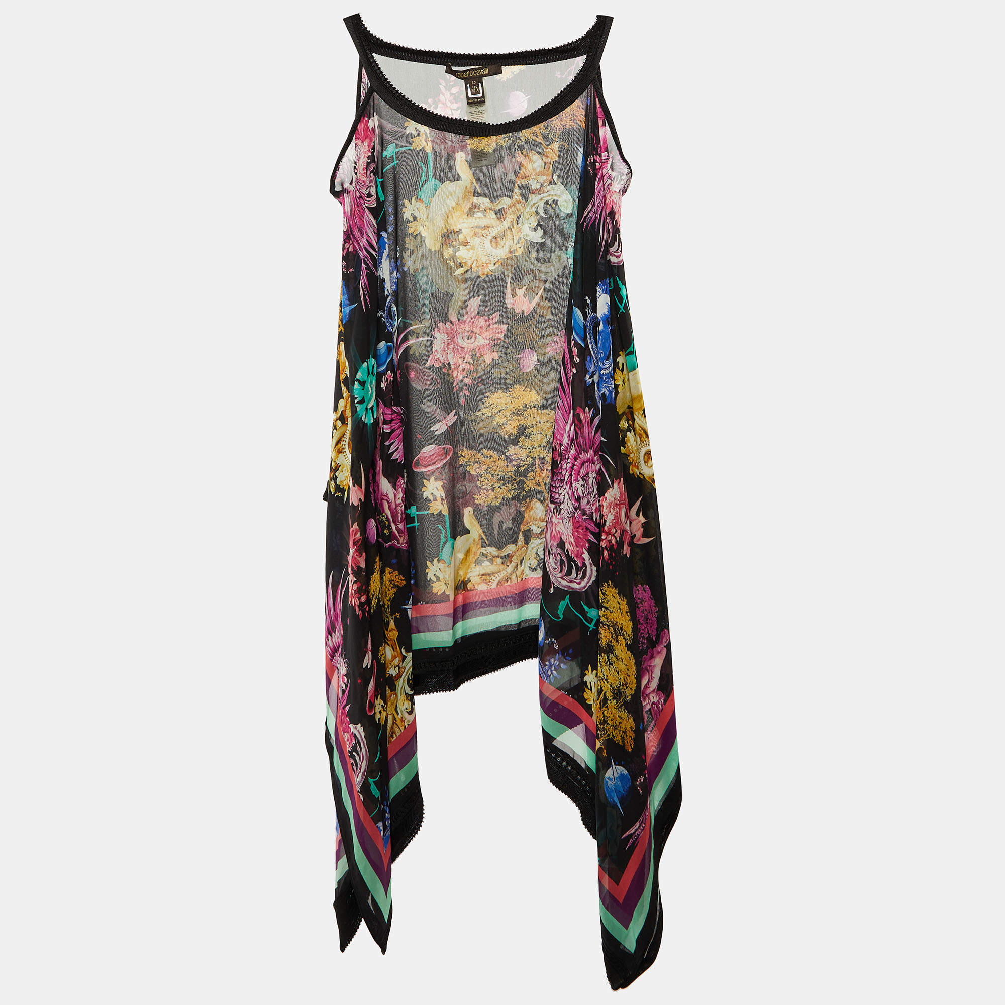 مملوكة مسبقًا Roberto Cavalli Black Printed Silk Sheer Kaftan Top S