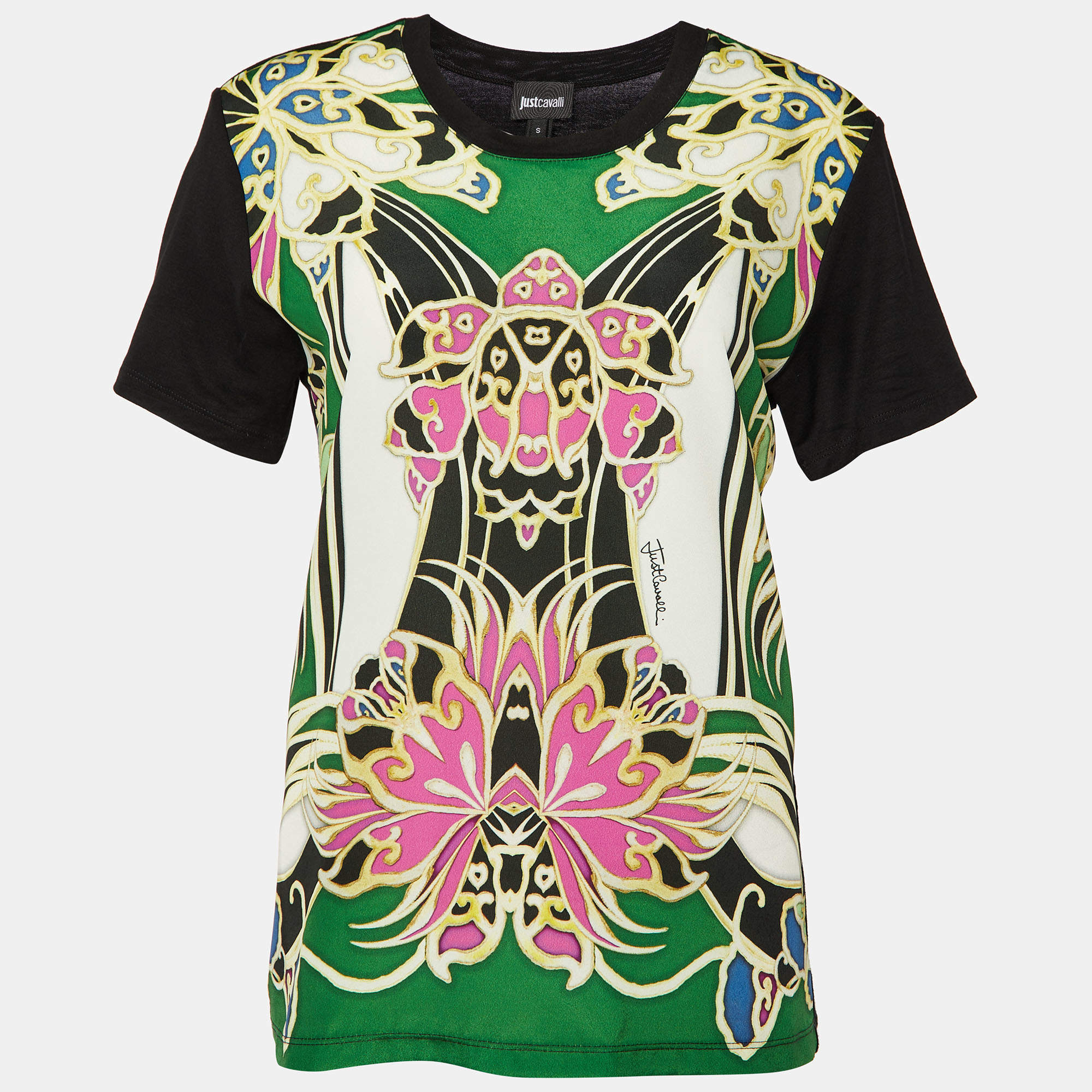 Pre Owned Roberto Cavalli Multicolor Printed Polyester & Cotton Knit T-Shirt S