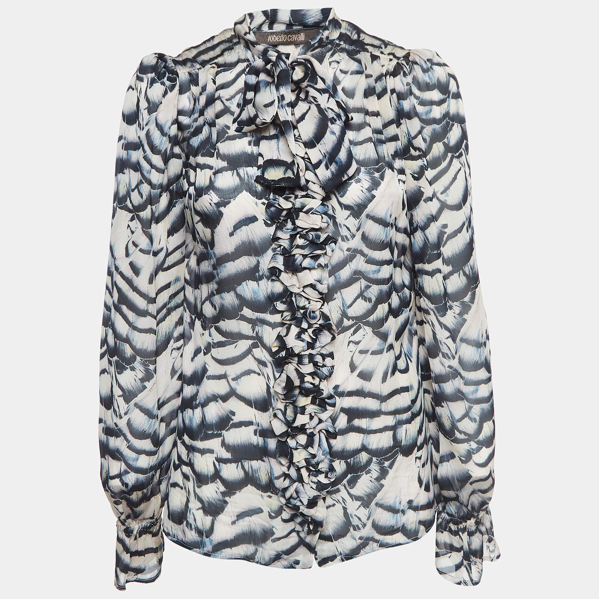 Pre Owned Roberto Cavalli Beige/Black Print Silk Button Front Ruffled Blouse M
