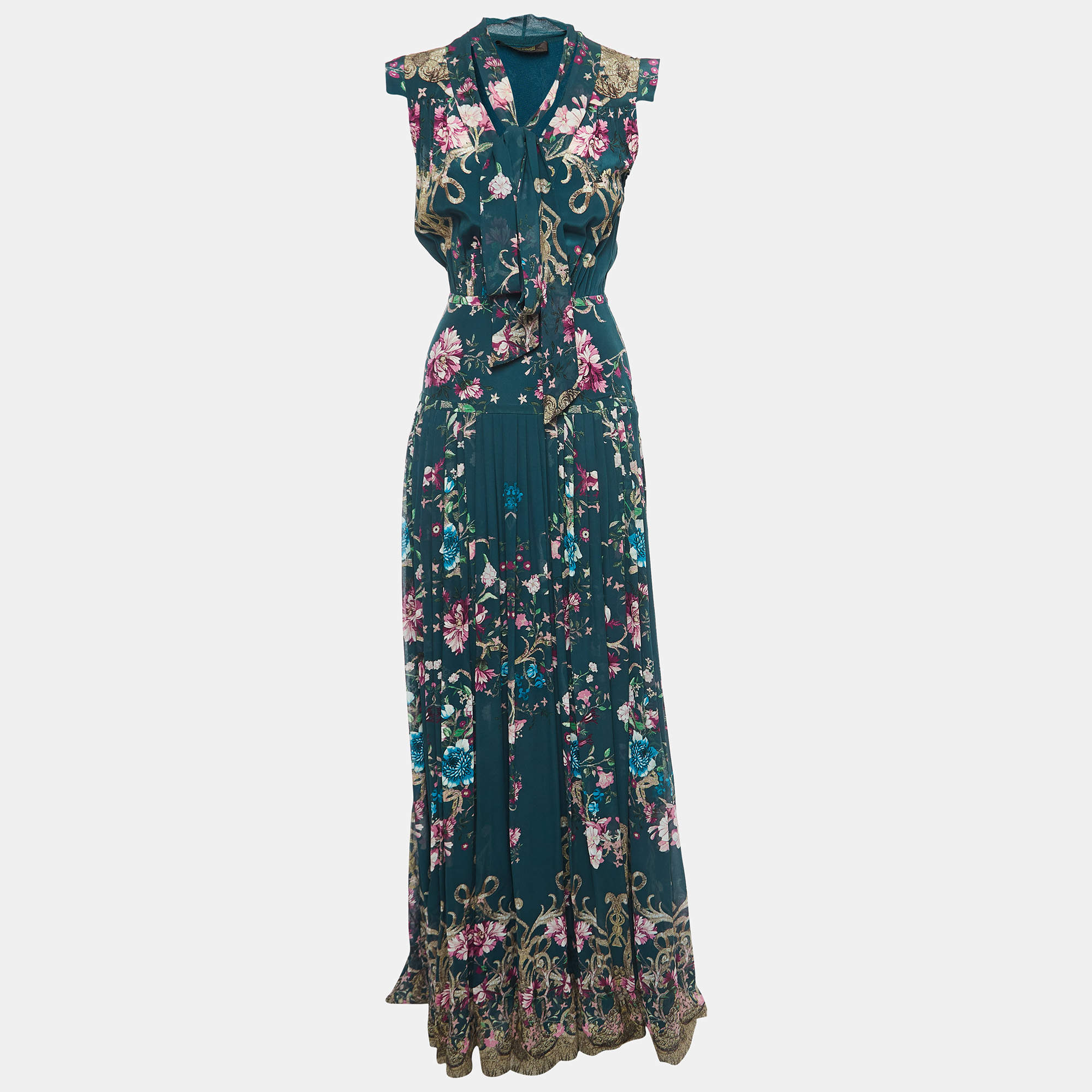 Pre Owned Roberto Cavalli Green Floral Print Silk Pleat Detail Sleeveless Maxi Dress S