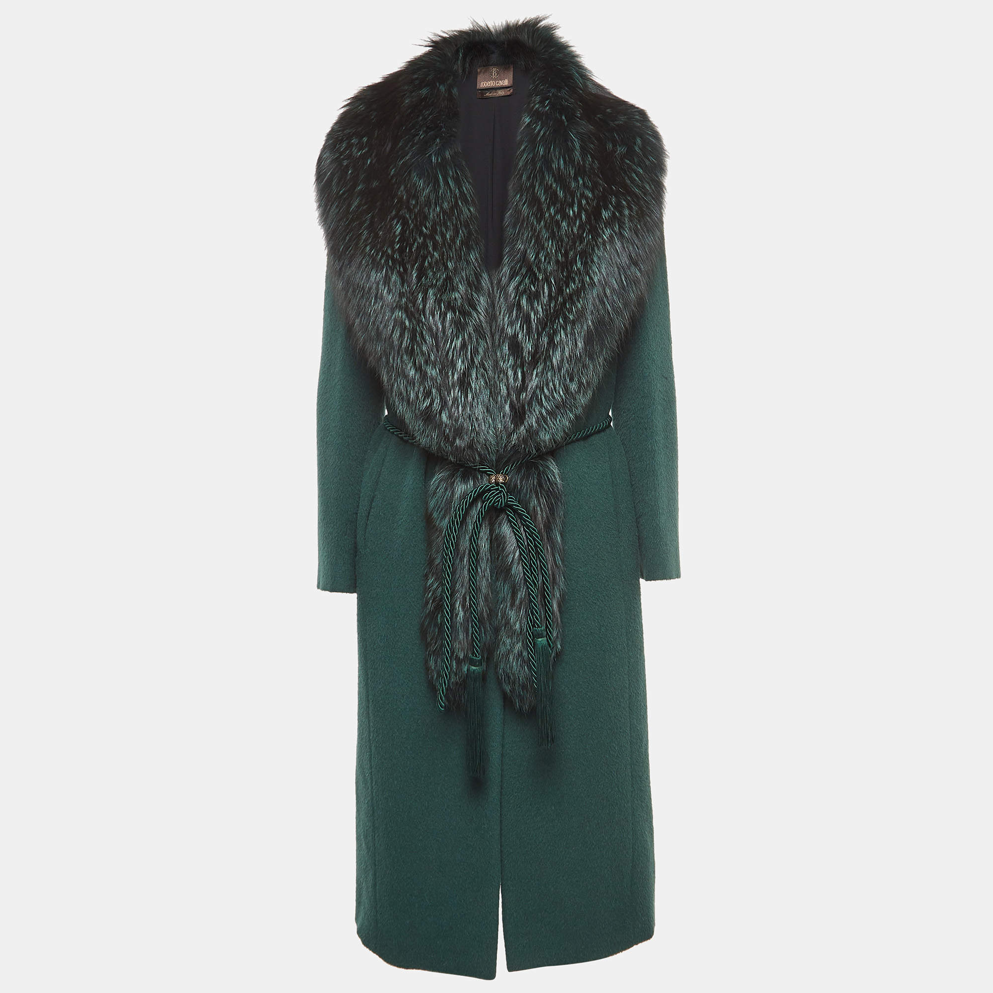 Pre Owned Roberto Cavalli Green Wool/Fox Fur Belted Long Coat S