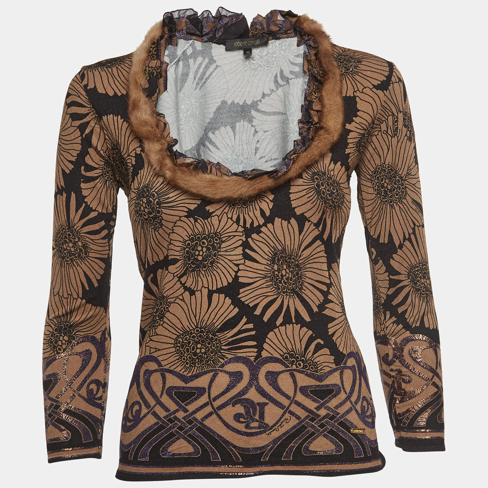 Pre Owned Roberto Cavalli Brown Floral Print Knit Mink Fur Trimmed Top M