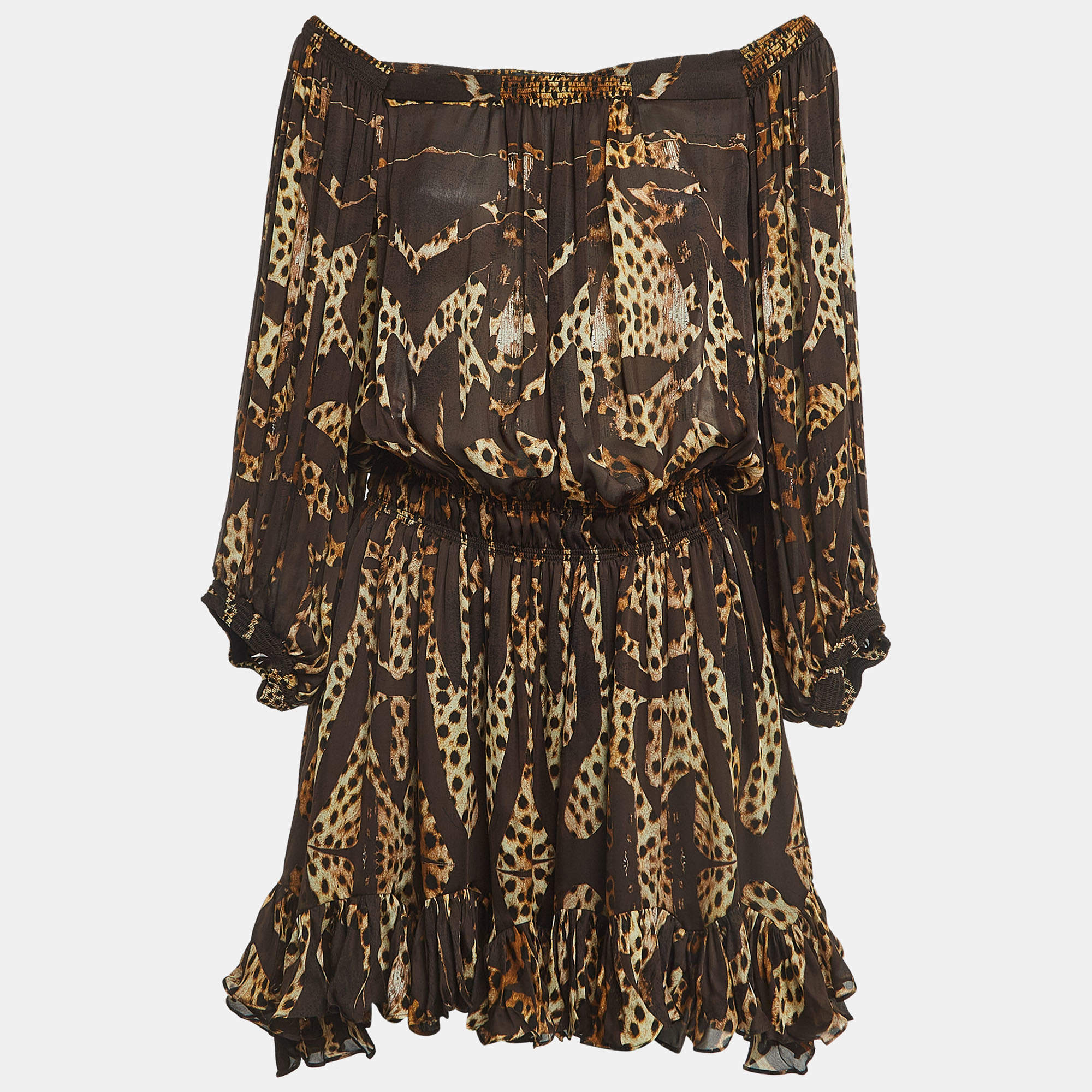 Pre Owned Roberto Cavalli Brown Animal Print Silk Ruffled Mini Dress L
