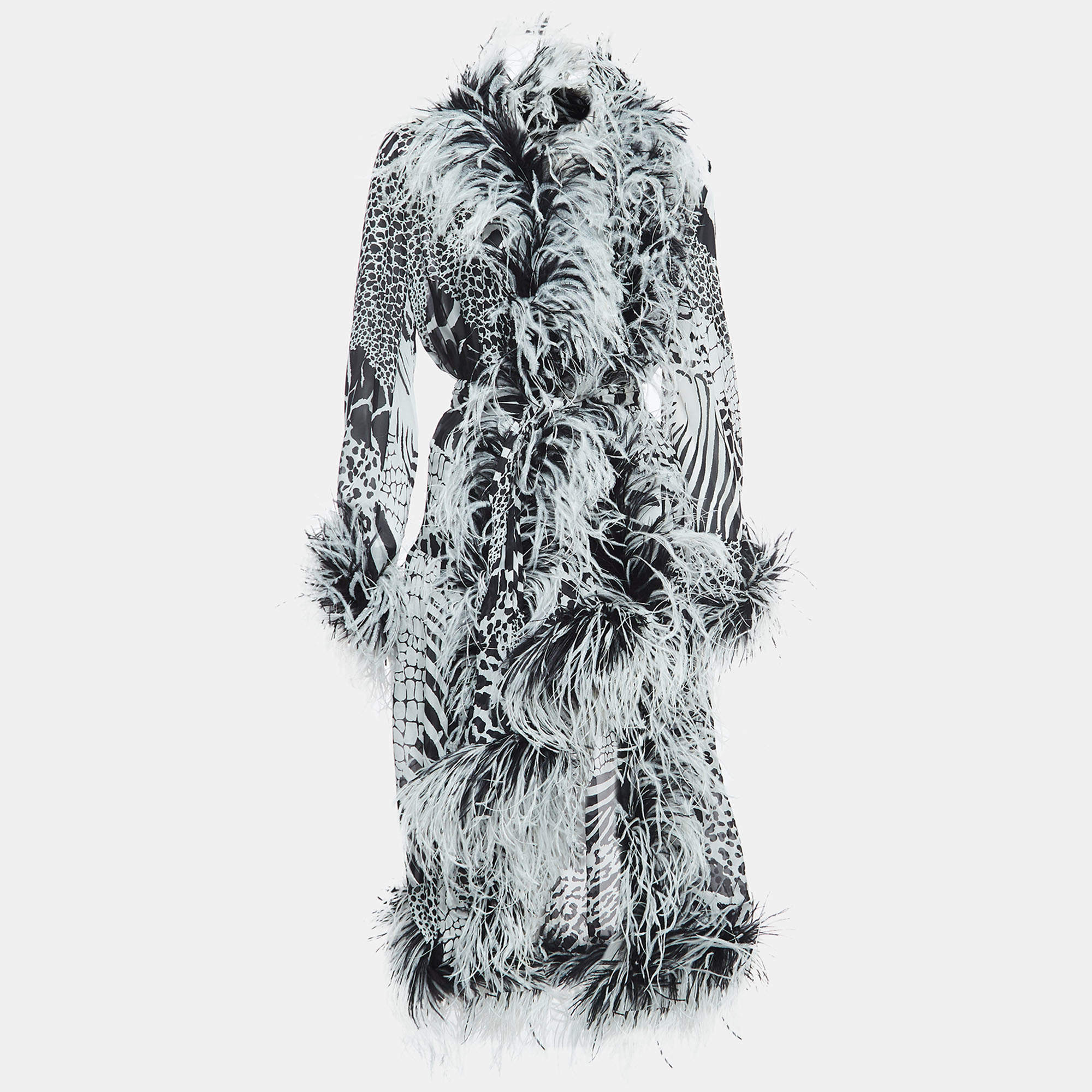 Pre Owned Roberto Cavalli Black/White Ostrich Feather Trimmed Silk Midi Wrap Dress M