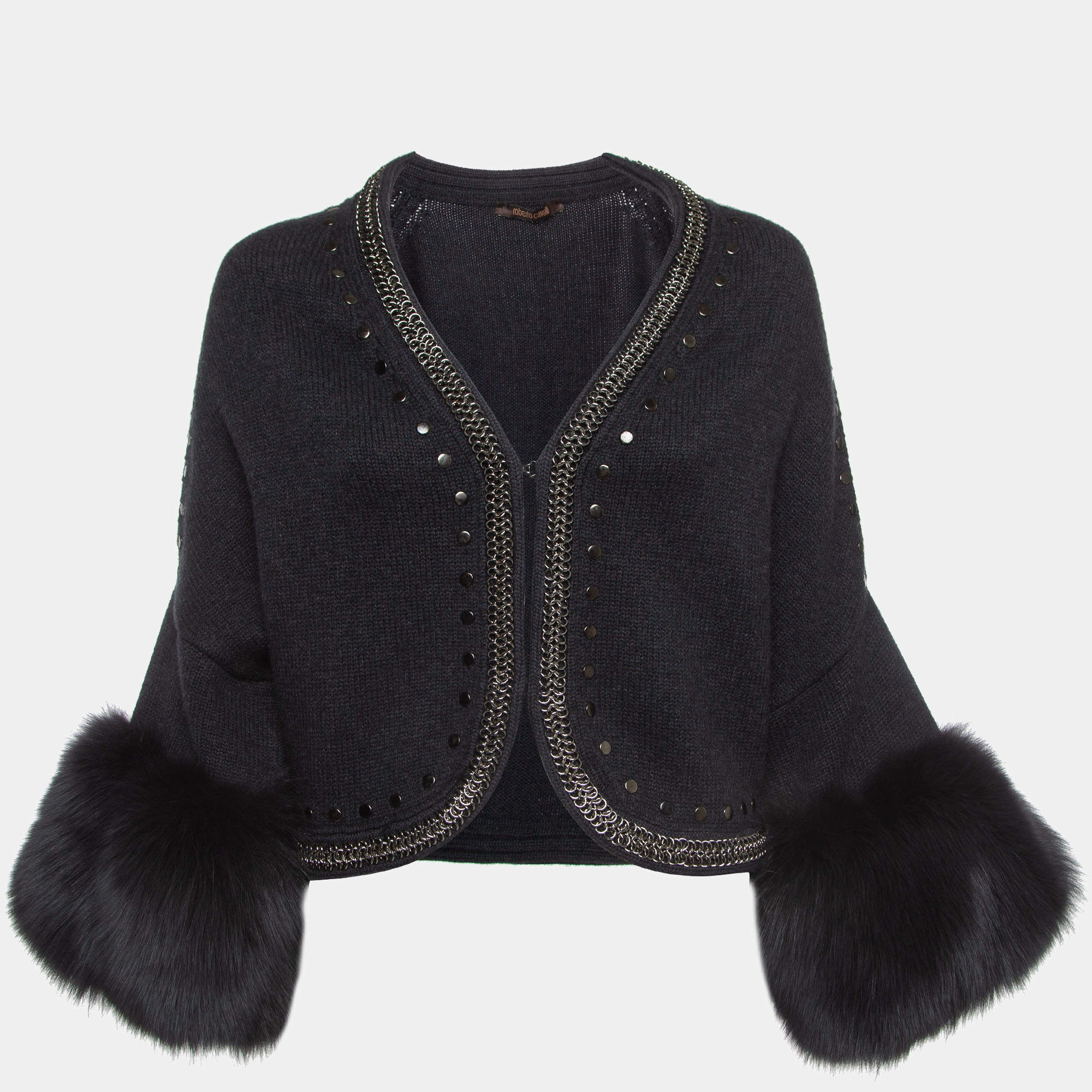 Pre Owned Roberto Cavalli Grey Fox Fur Trimmed Wool Blend Embellished Cardigan S