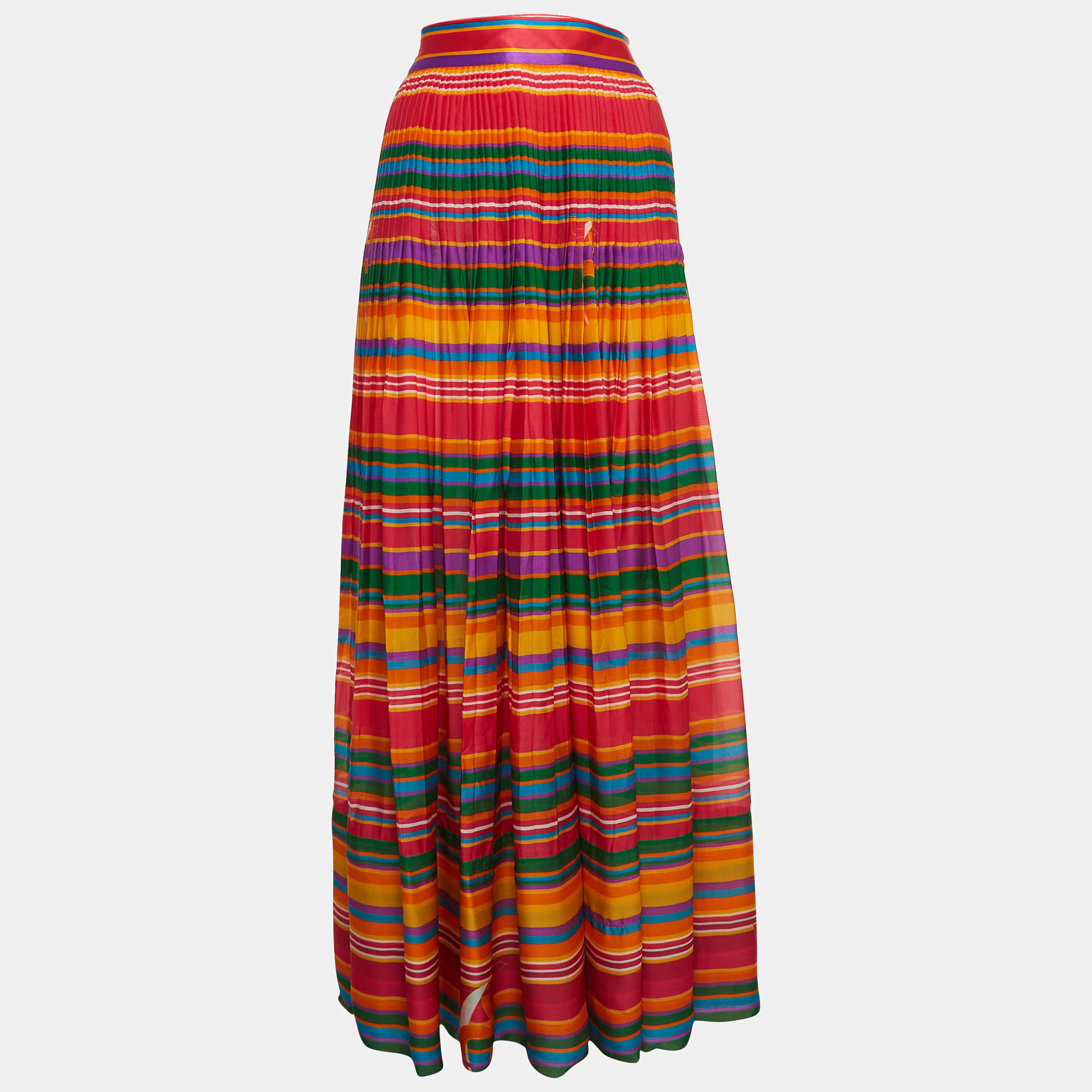 Pre Owned Roberto Cavalli Multicolor Striped Silk Top Stitched Pleats Maxi Skirt M