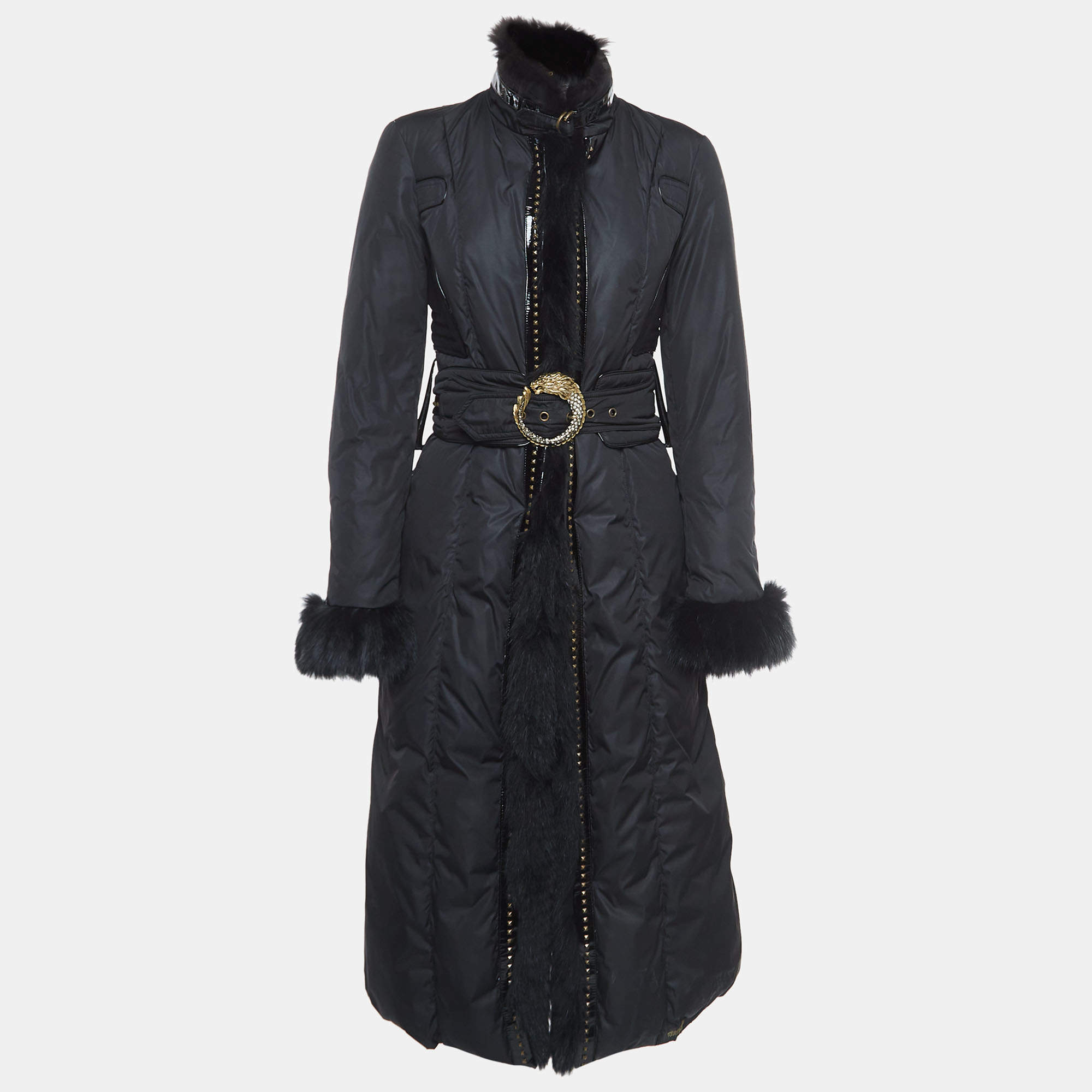 Pre Owned Roberto Cavalli Black Leather Trim Fur and Synthetic Belted Mid Length Coat S