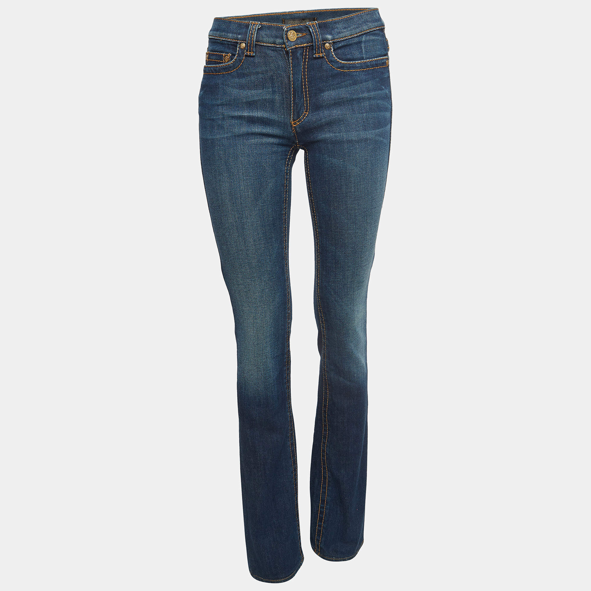 Pre Owned Roberto Cavalli Blue Washed Denim Snake Metal Detail Jeans S Waist 38''