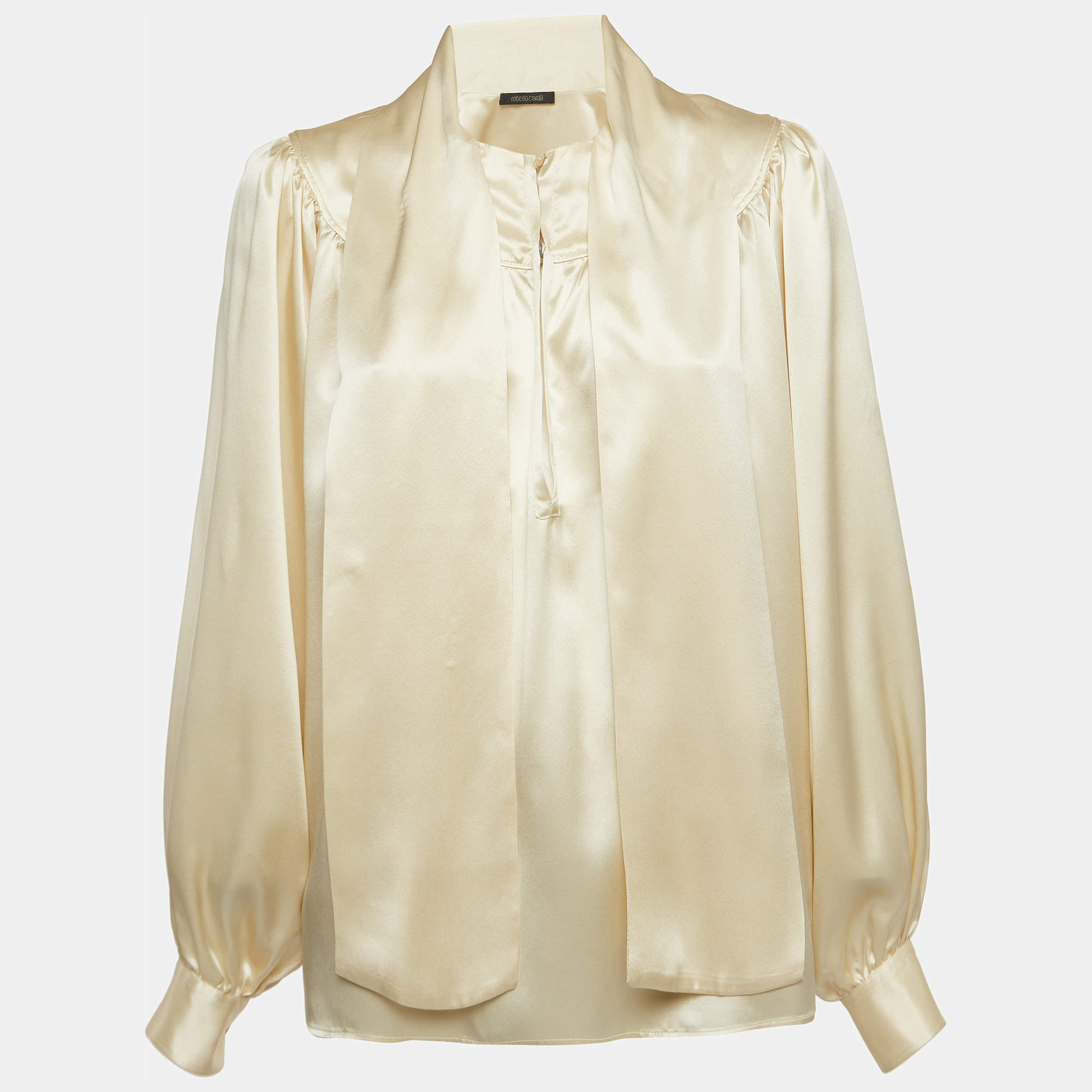Pre Owned Roberto Cavalli Cream Satin Silk Tie-Up Collar Blouse S