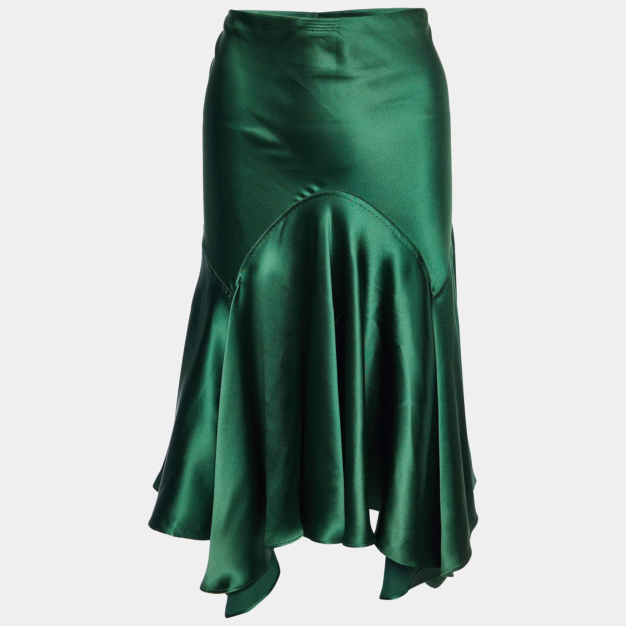 Pre Owned Roberto Cavalli Green Silk Satin Asymmetric Hem Skirt M