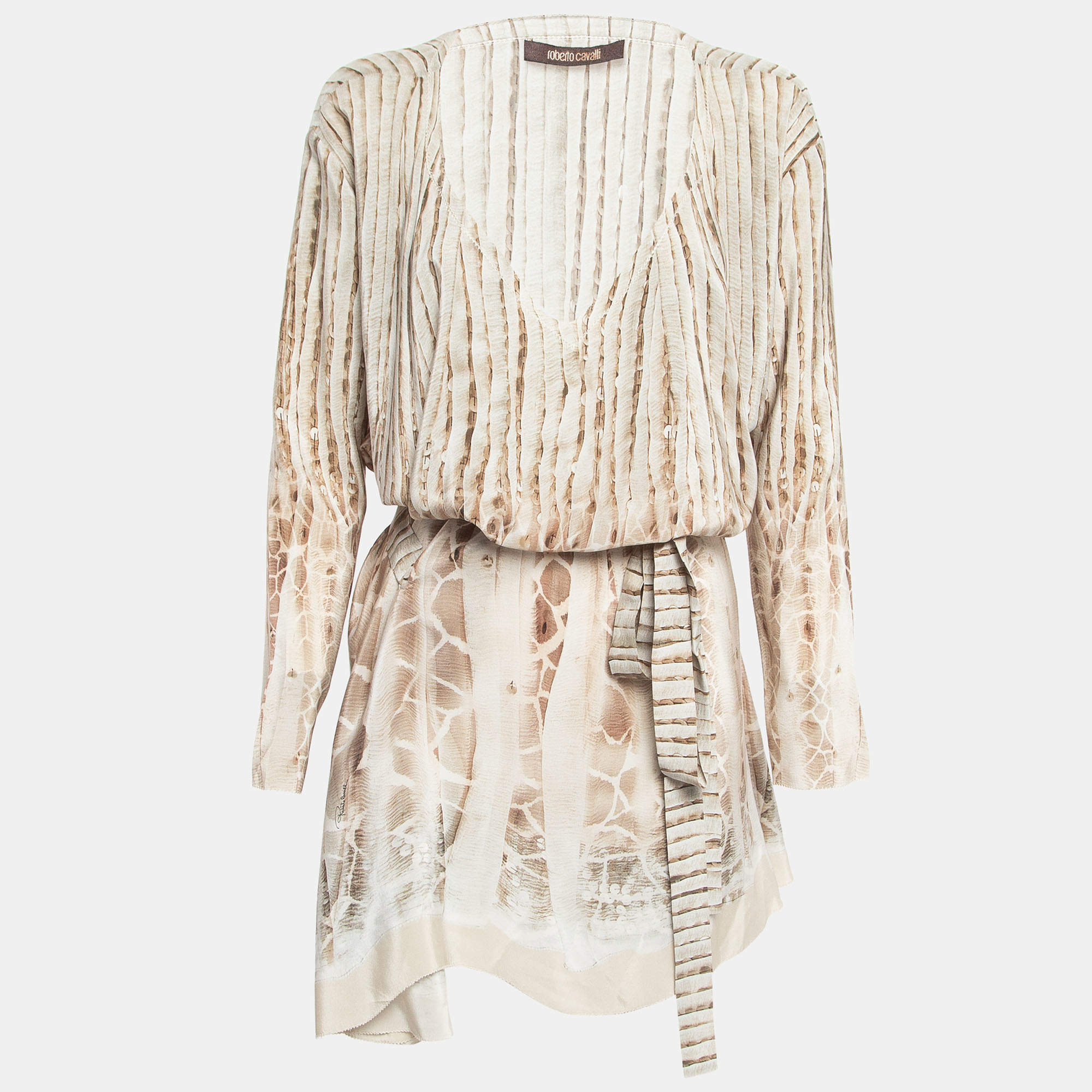 مملوكة مسبقًا Roberto Cavalli Grey Sequin Print Silk Tie-Up Dress M