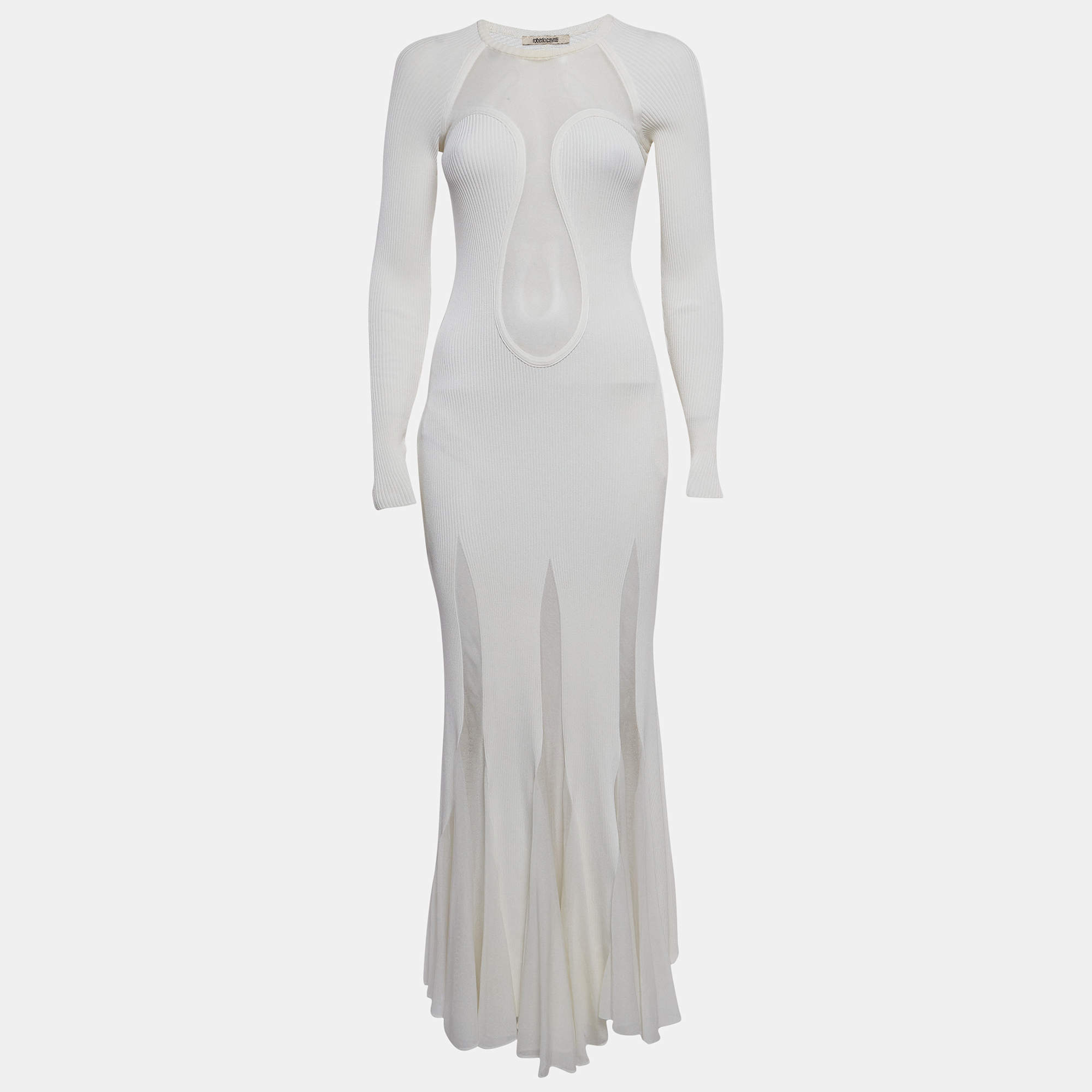 Pre Owned Roberto Cavalli White Mesh Panelled Rib Knit Flared Maxi Dress S