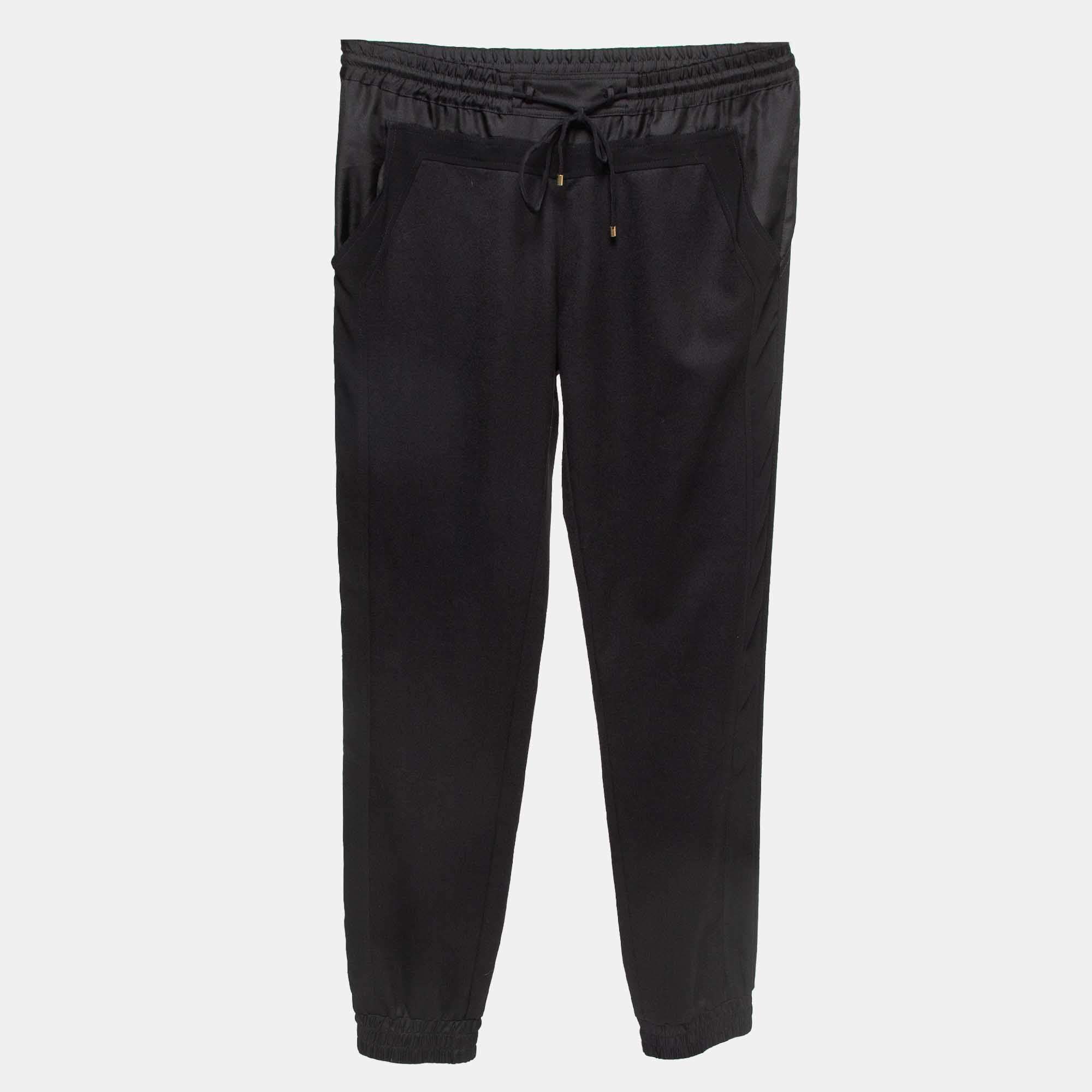 Pre Owned Roberto Cavalli Black Silk Trimmed Wool Elasticated Waist Joggers S