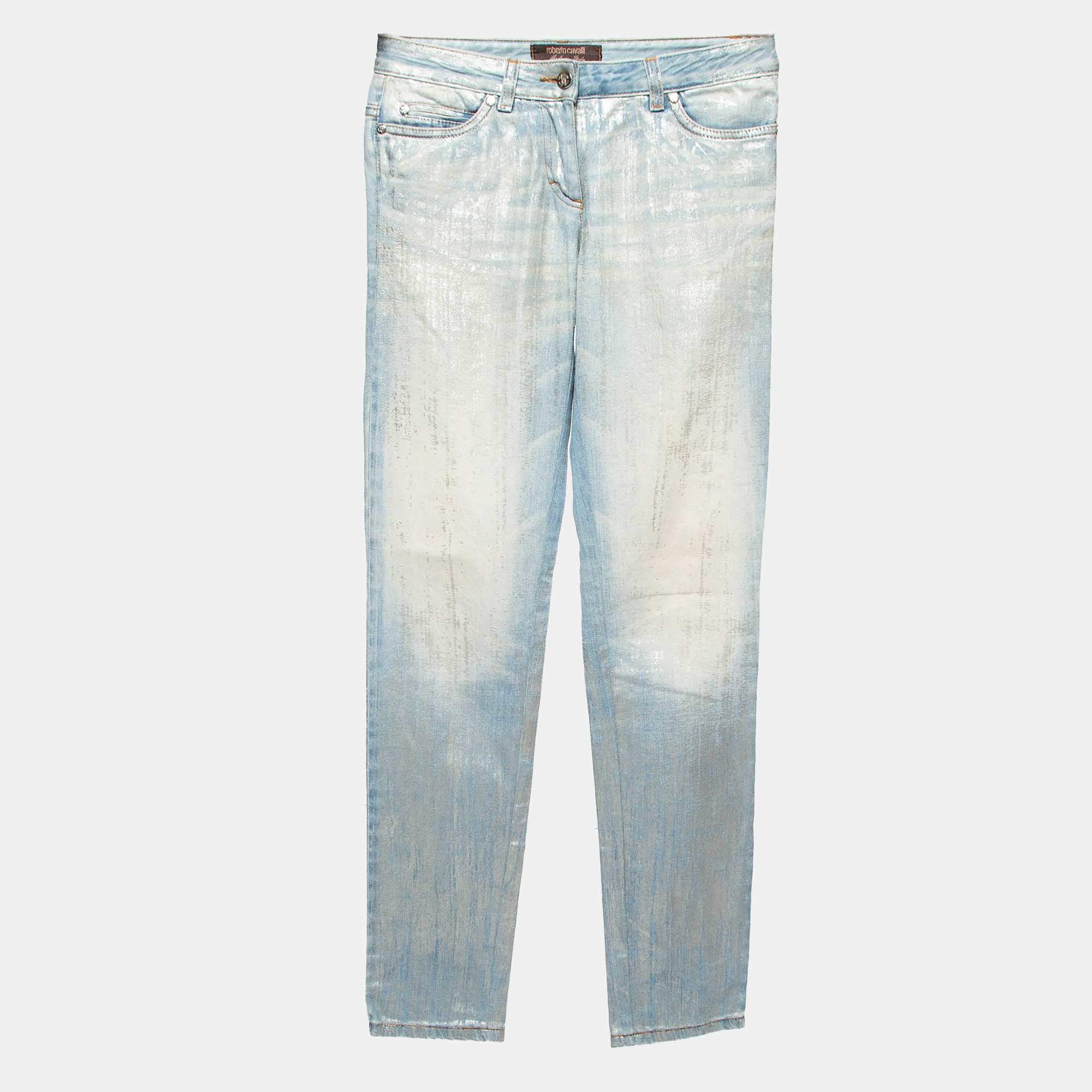 Roberto Cavalli Blue/Silver Metallic Print Denim Jeans S Waist 30''