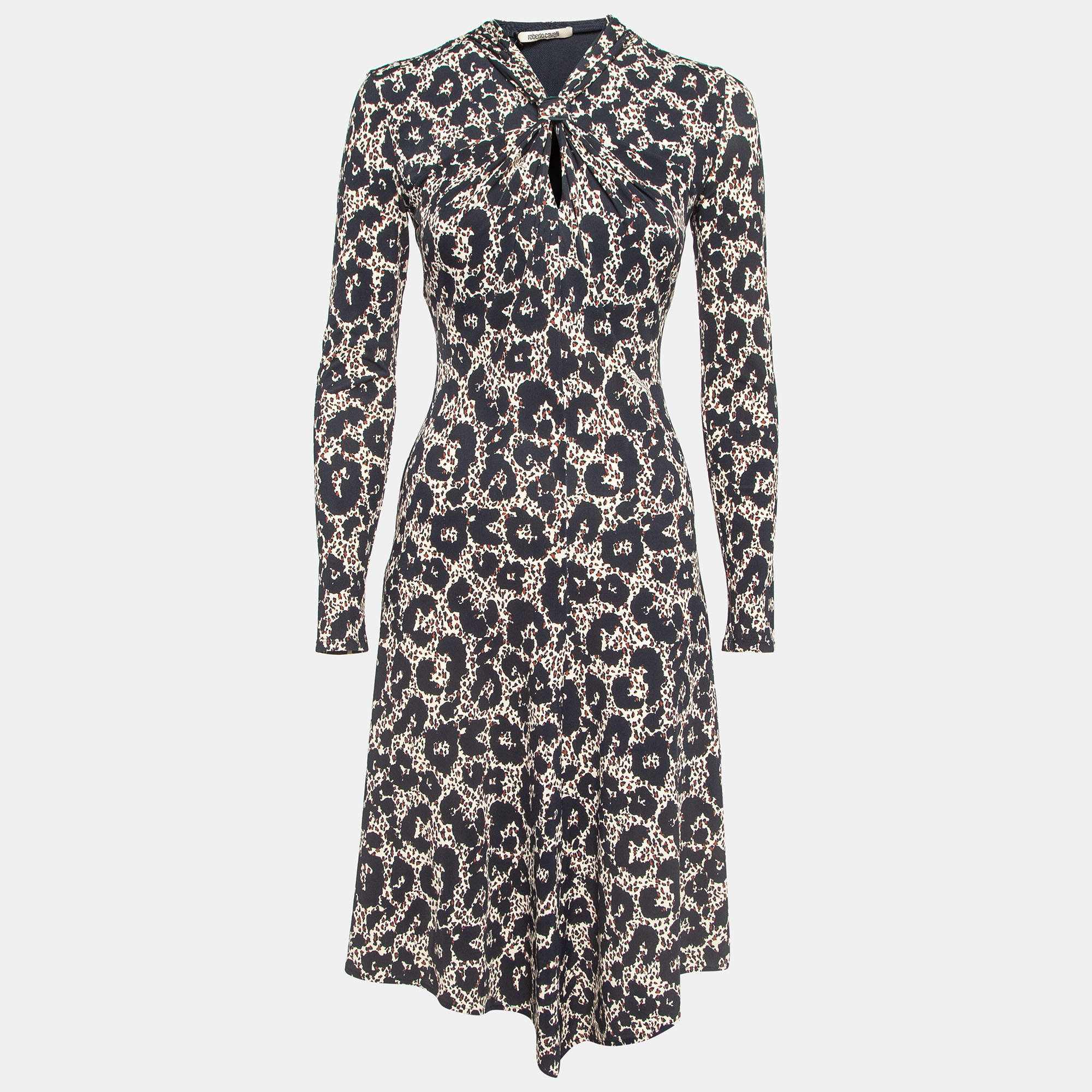 Pre Owned Roberto Cavalli Brown/Black Leopard Print Jersey Asymmetric Midi Dress