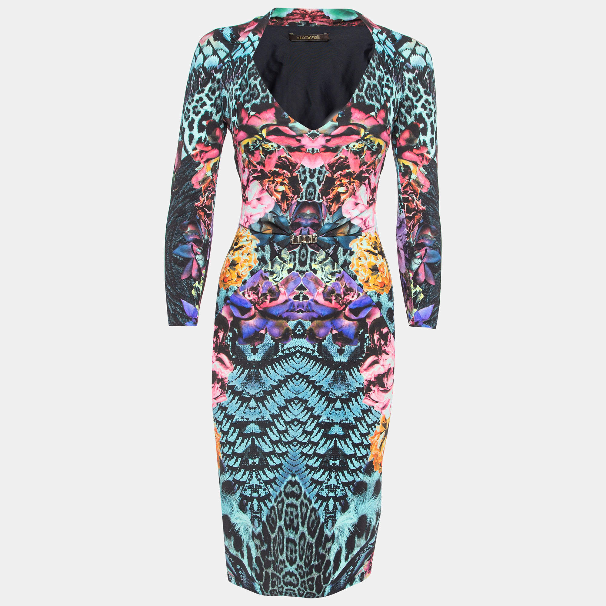 Pre Owned Roberto Cavalli Multicolor Printed Jersey V-Neck Midi Dress S