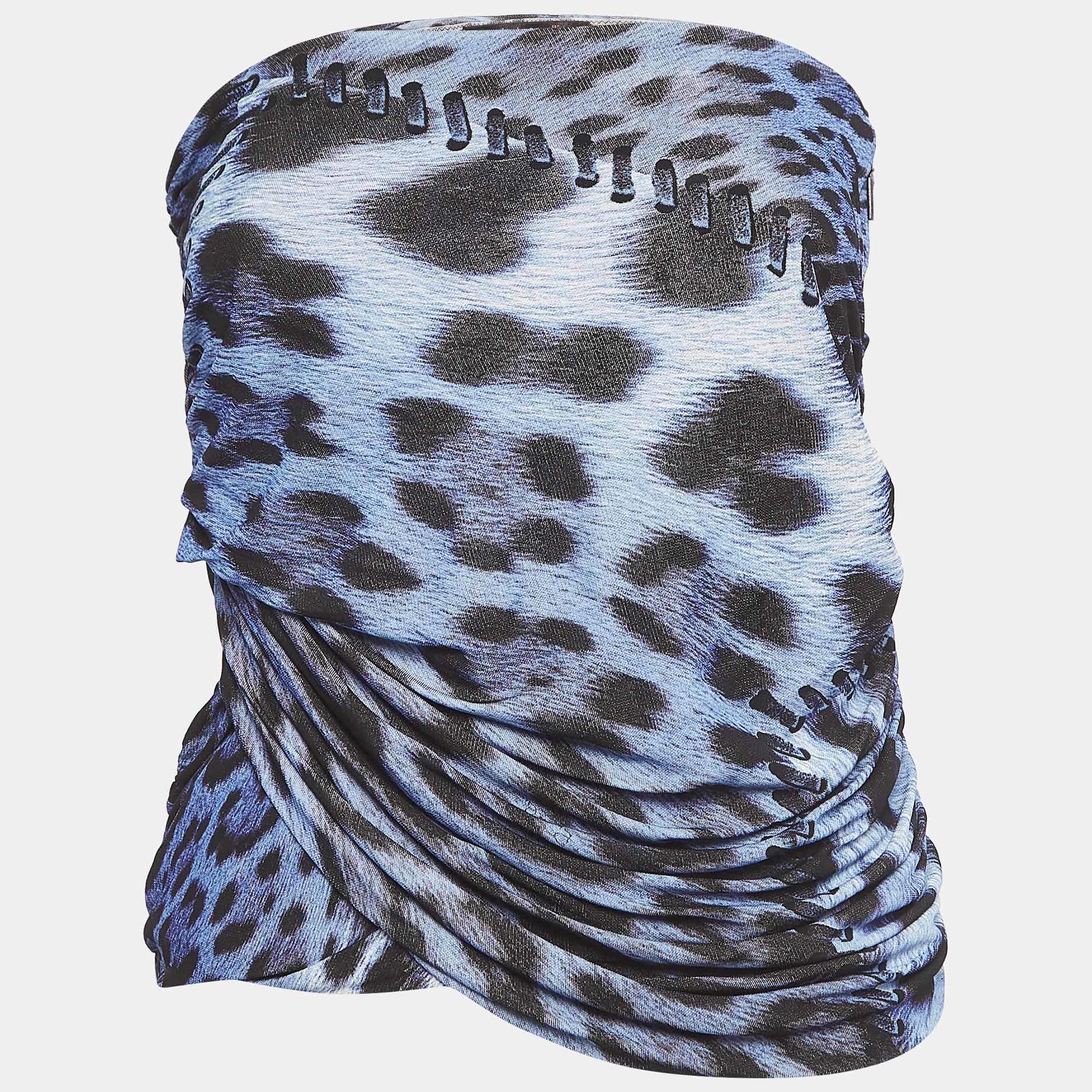 Pre Owned Roberto Cavalli Blue Leopard Print Ruched Strapless Top S