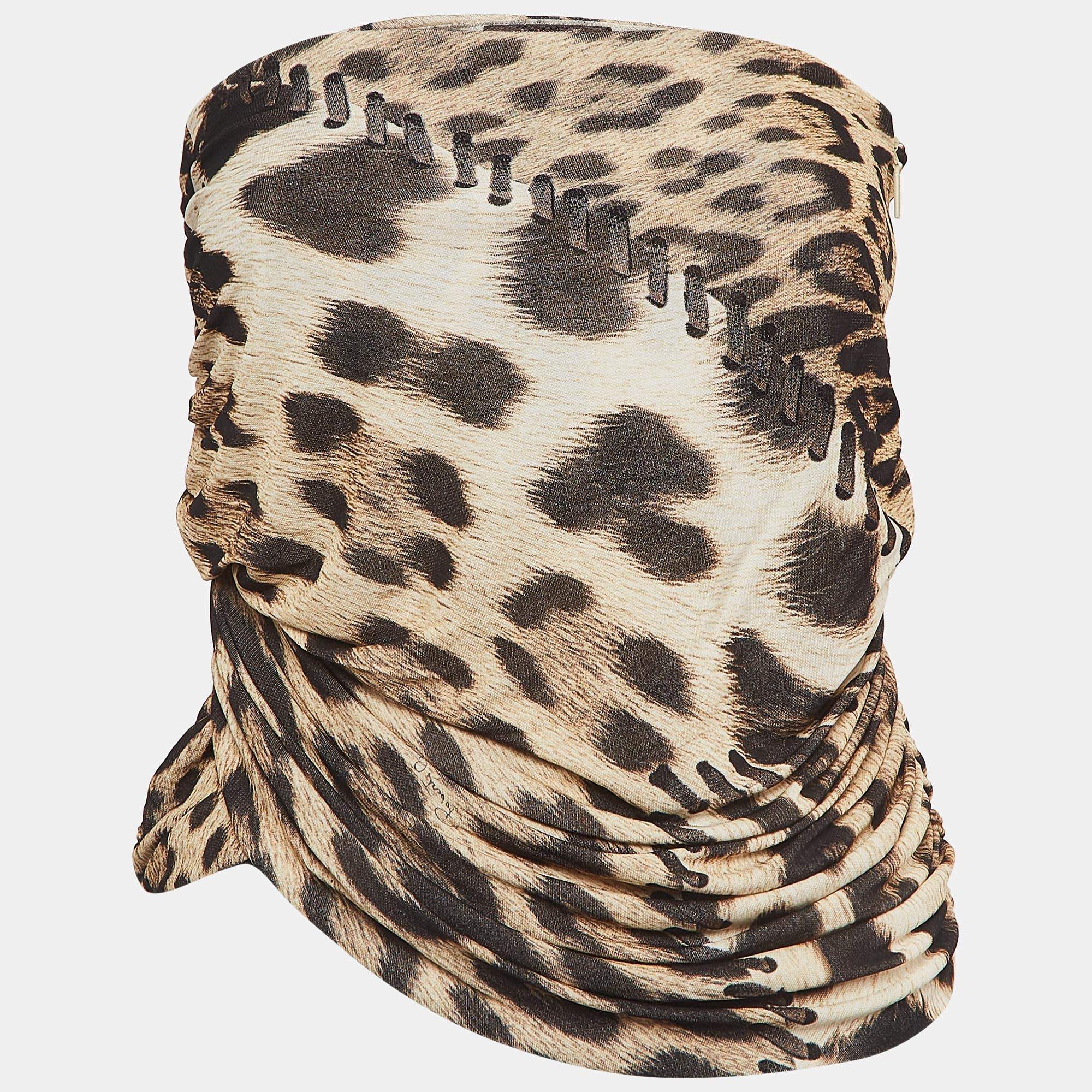 Pre Owned Roberto Cavalli Brown Leopard Print Ruched Strapless Top S