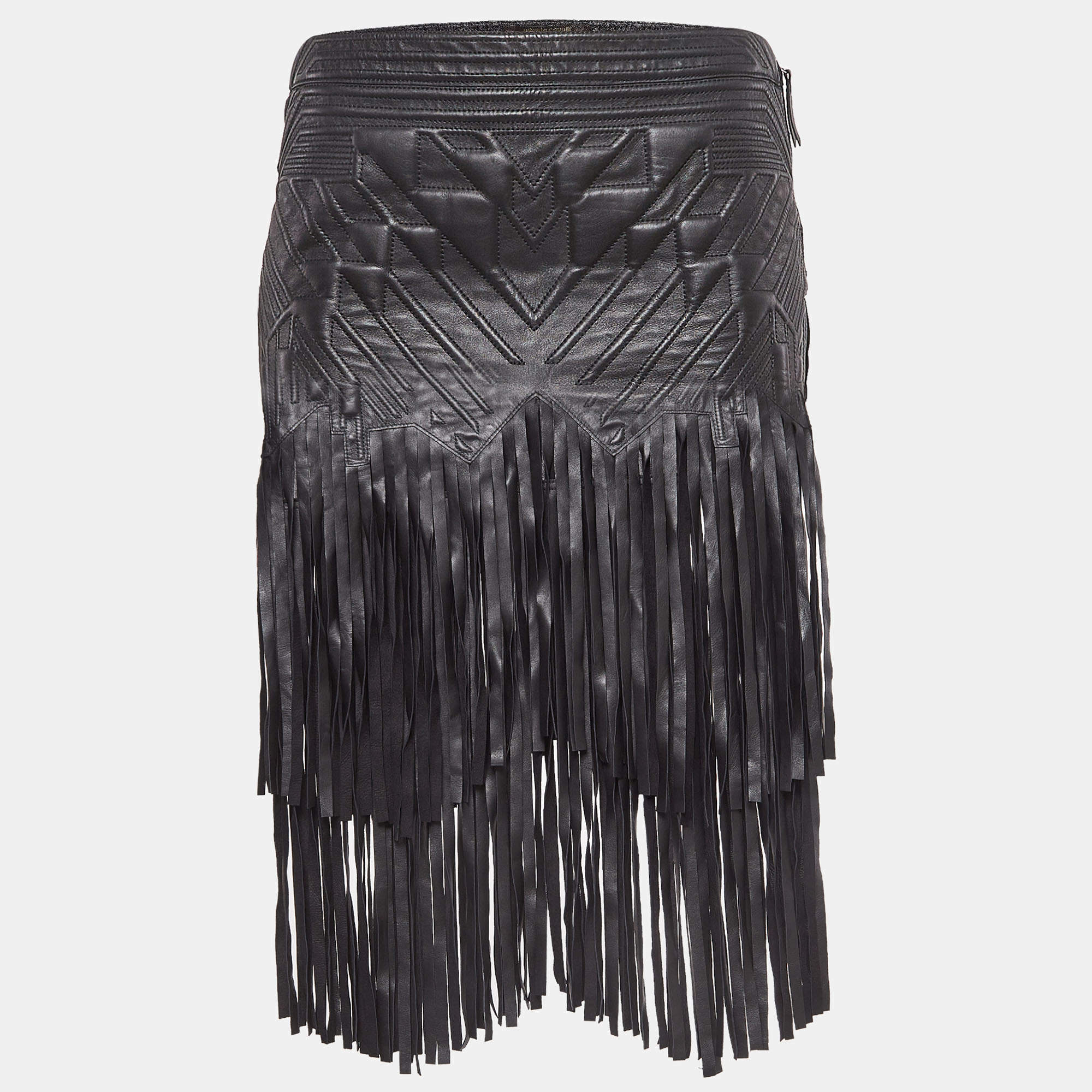 مملوكة مسبقًا Roberto Cavalli Black Embossed Leather Fringed Skirt S