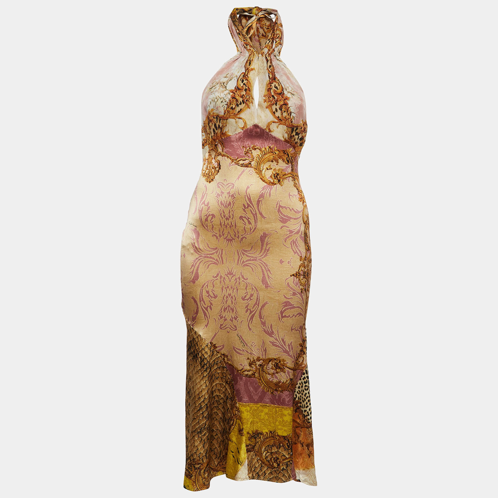 Pre Owned Roberto Cavalli Multicolor Animal Print Satin Silk Tie-Up Halter Neck Midi Slip Dress M   