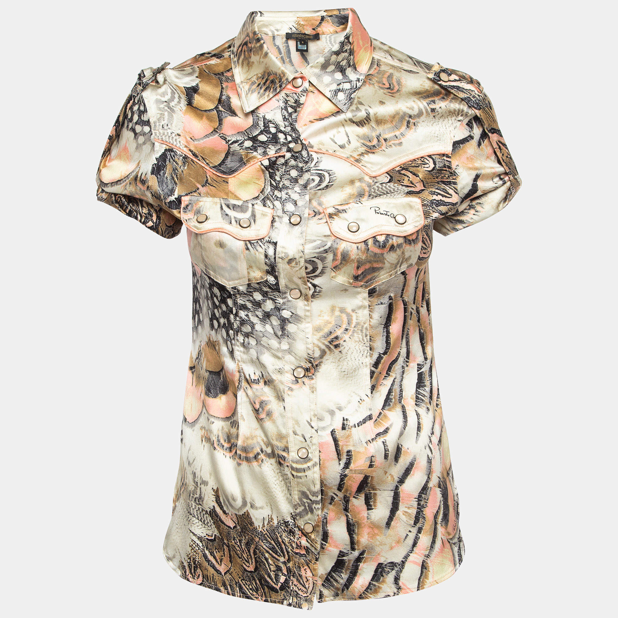 Pre Owned Roberto Cavalli Multicolor Printed Satin Silk Glitter Detail Shirt S