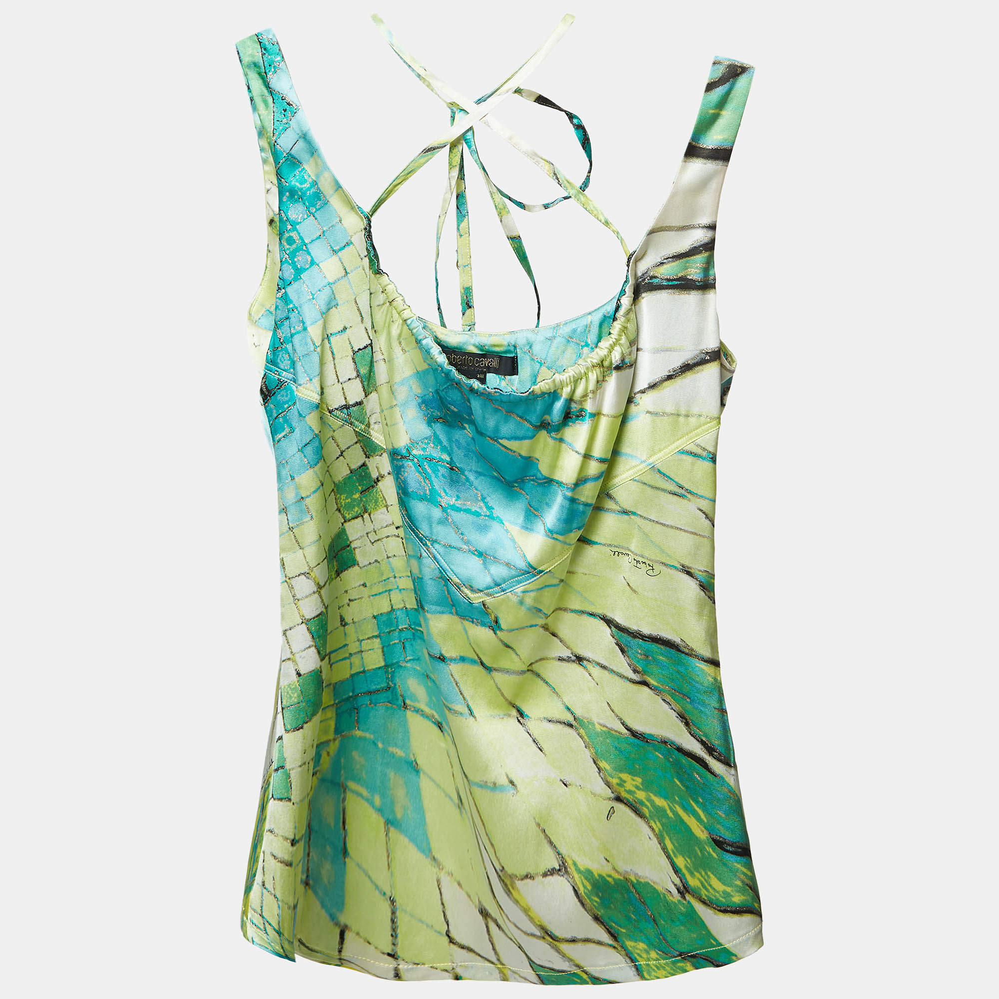 Pre Owned Roberto Cavalli Multicolor Print Stretch Silk Sleeveless Top S