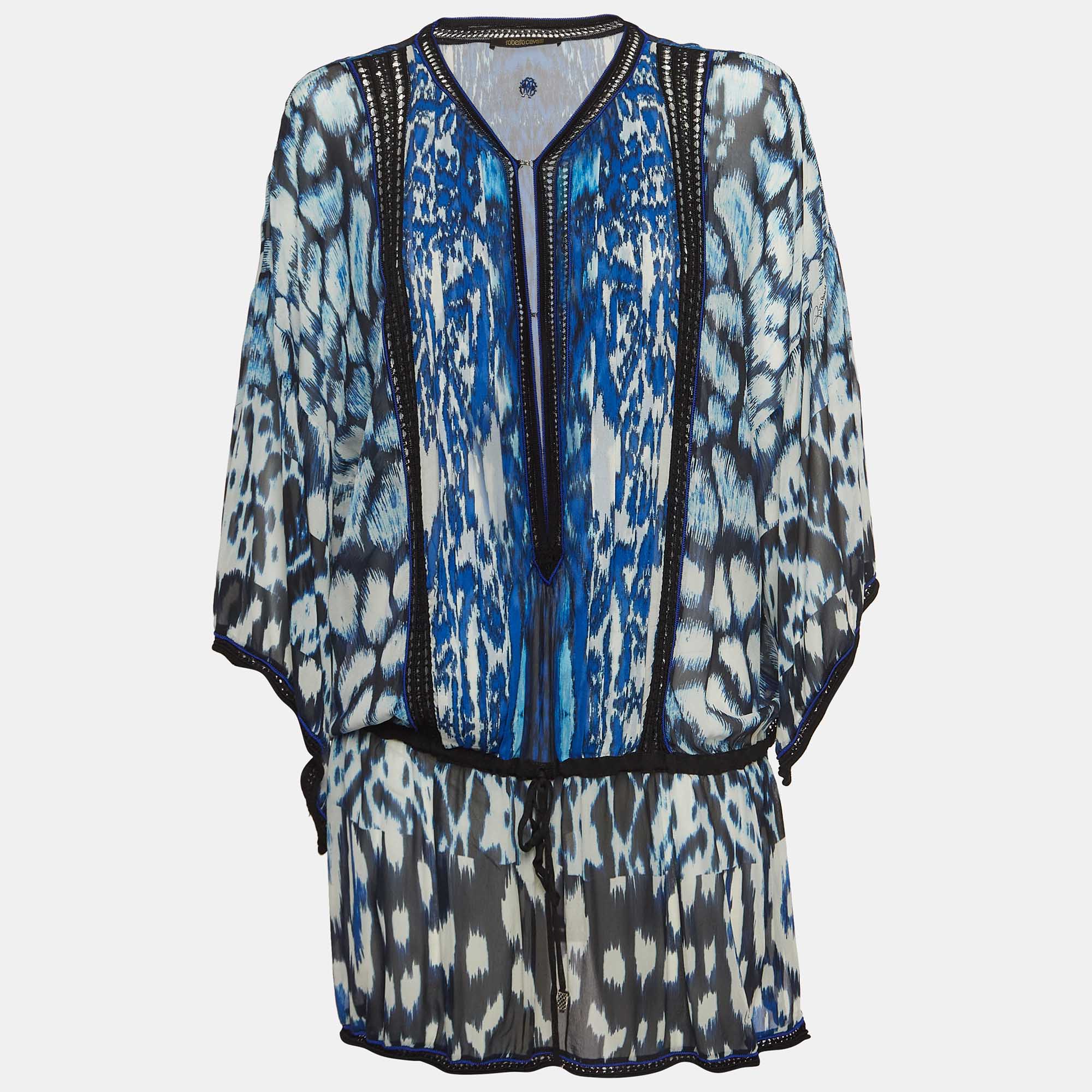 مملوكة مسبقًا Roberto Cavalli Blue Printed Lace Trim Silk Tie-Up Waist Blouse S