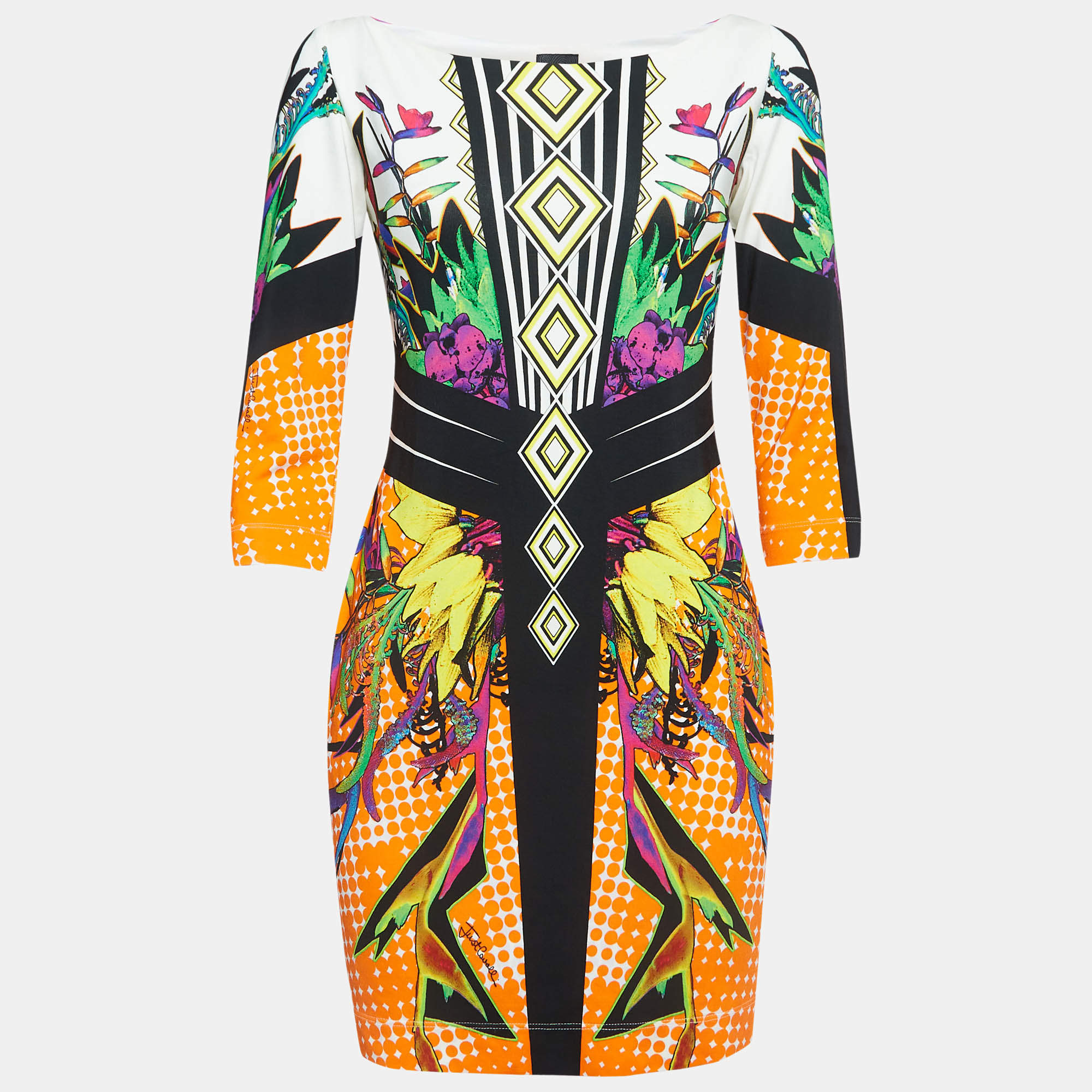 Pre Owned Roberto Cavalli Orange Printed Jersey Mini Dress L