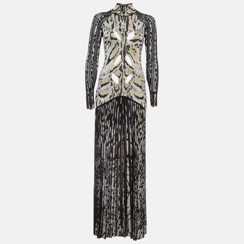 Pre Owned Roberto Cavalli Black and Metallic Patterned Knit Long Dress S