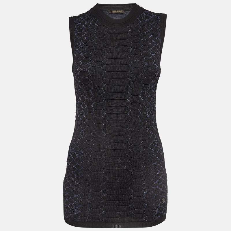 Pre Owned Roberto Cavalli Black And Blue Snake Pattern Lurex Knit Top S