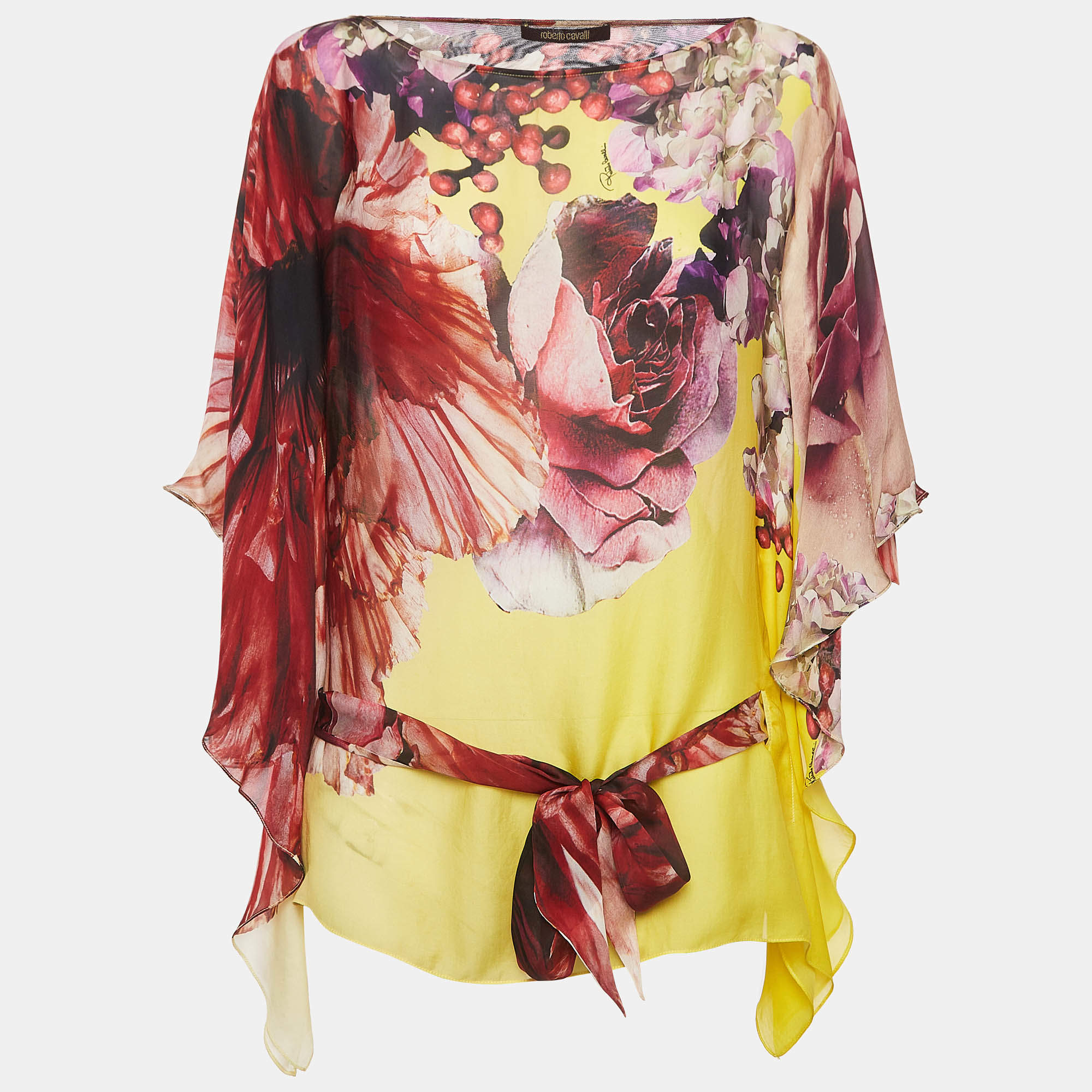 Pre Owned Roberto Cavalli Yellow Floral Print Silk Kaftan Top S