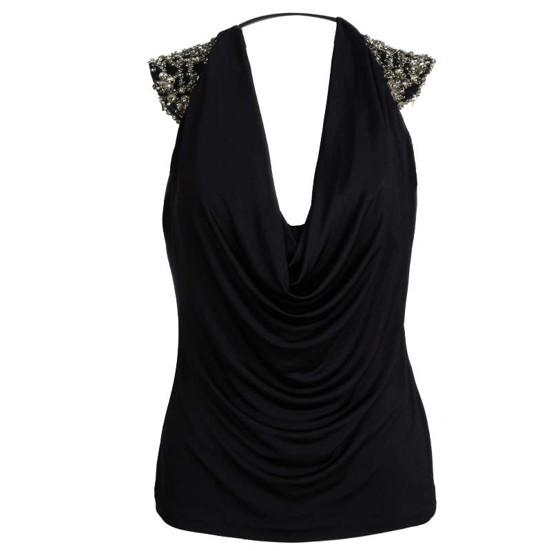 Pre Owned Roberto Cavalli Black Embellished Cap Sleeve Cowl Neck Top S