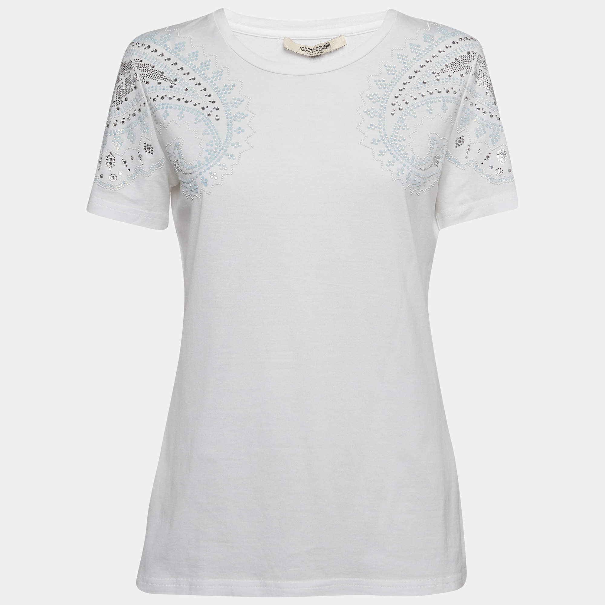 Pre Owned Roberto Cavalli White Crystal Embellished Jersey T-Shirt M
