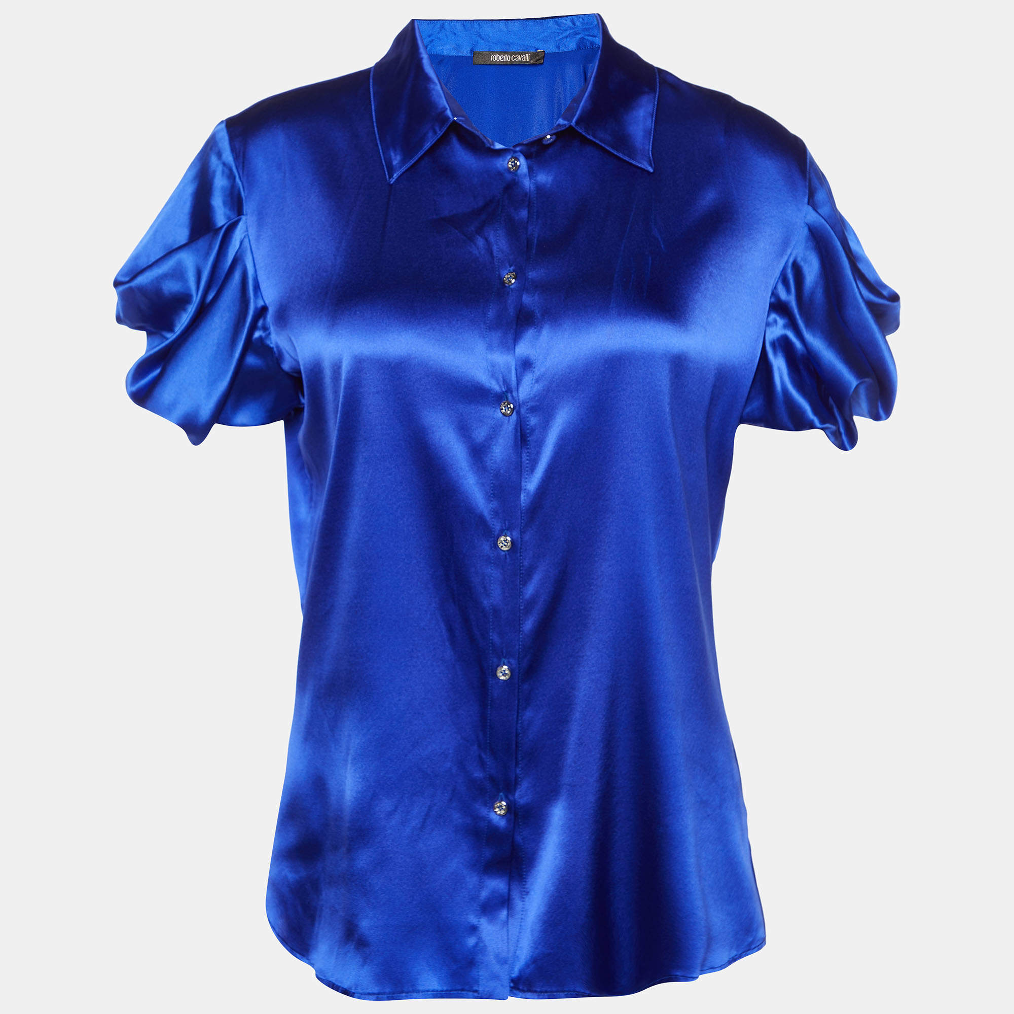 Pre Owned Roberto Cavalli Royal Blue Silk Satin Short Sleeve Shirt M