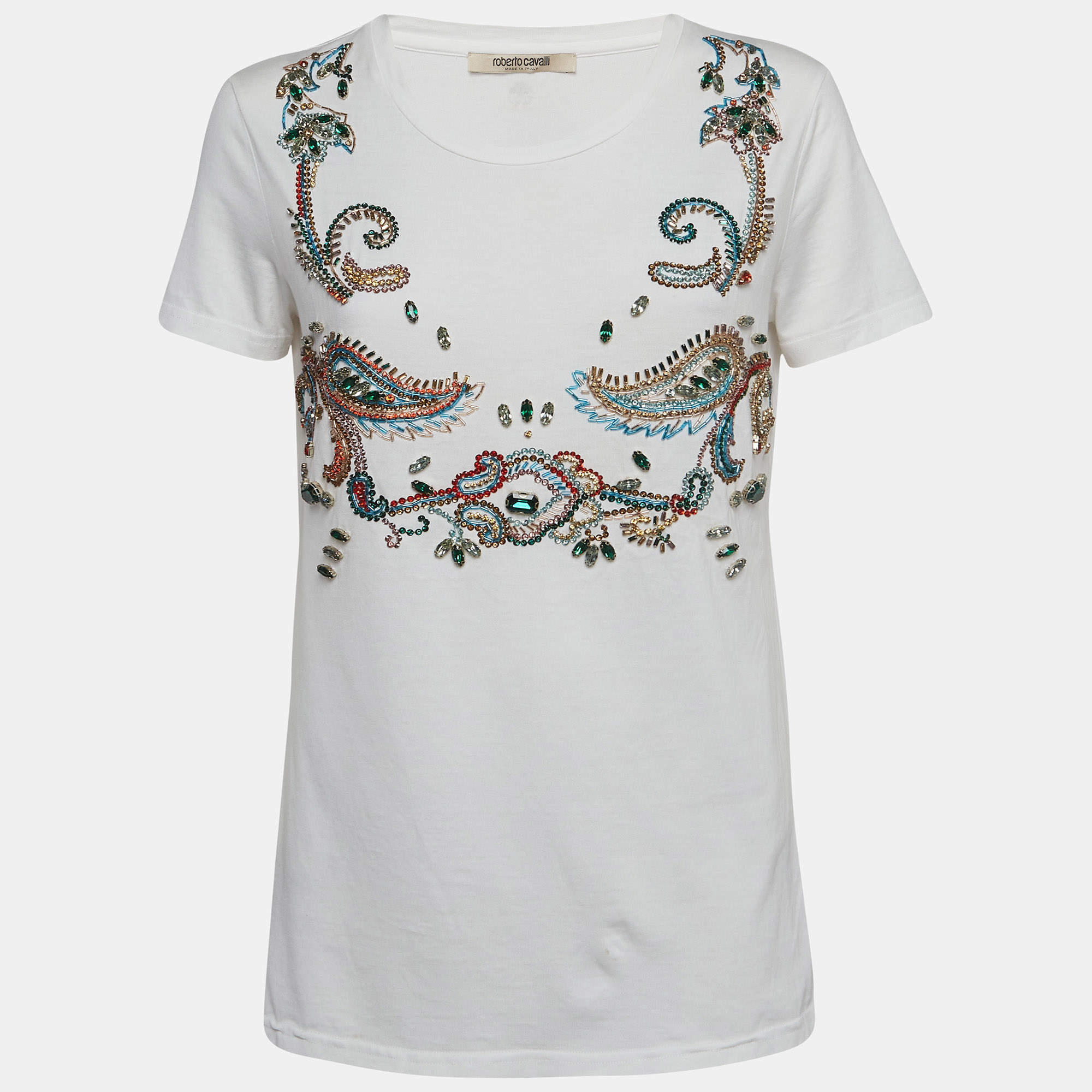 Pre Owned Roberto Cavalli White Crystal Embellished Knit Top M