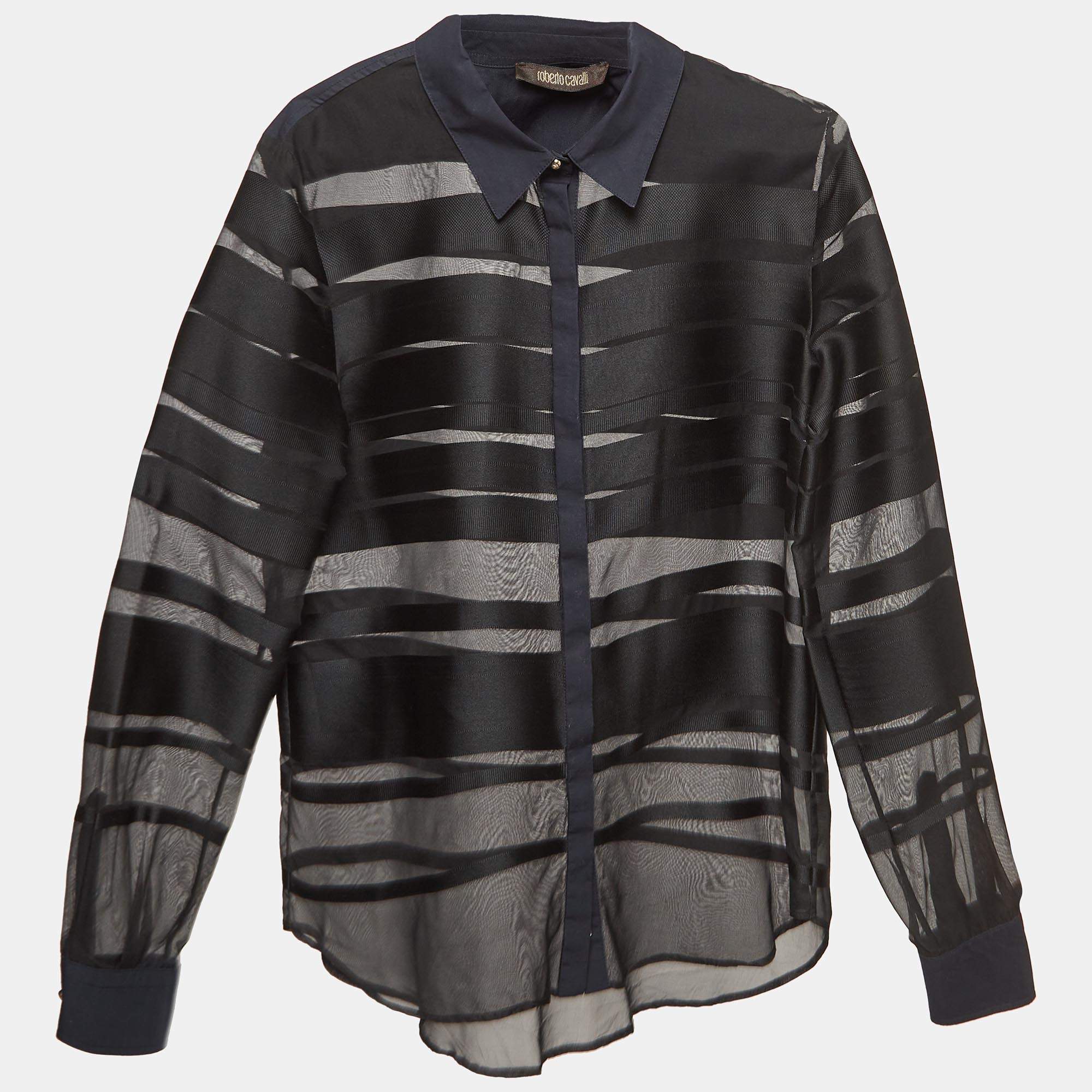 Pre Owned Roberto Cavalli Black Stripe Silk Blend Sheer Shirt S
