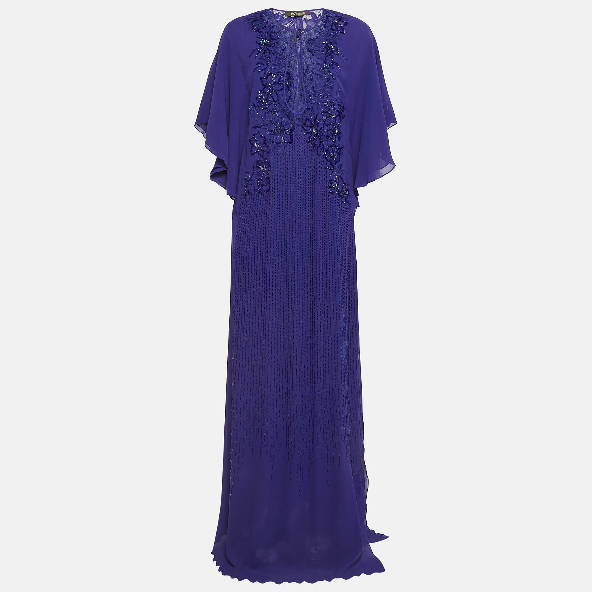 Pre Owned Roberto Cavalli Purple Embellished Silk Kaftan Maxi Dress M