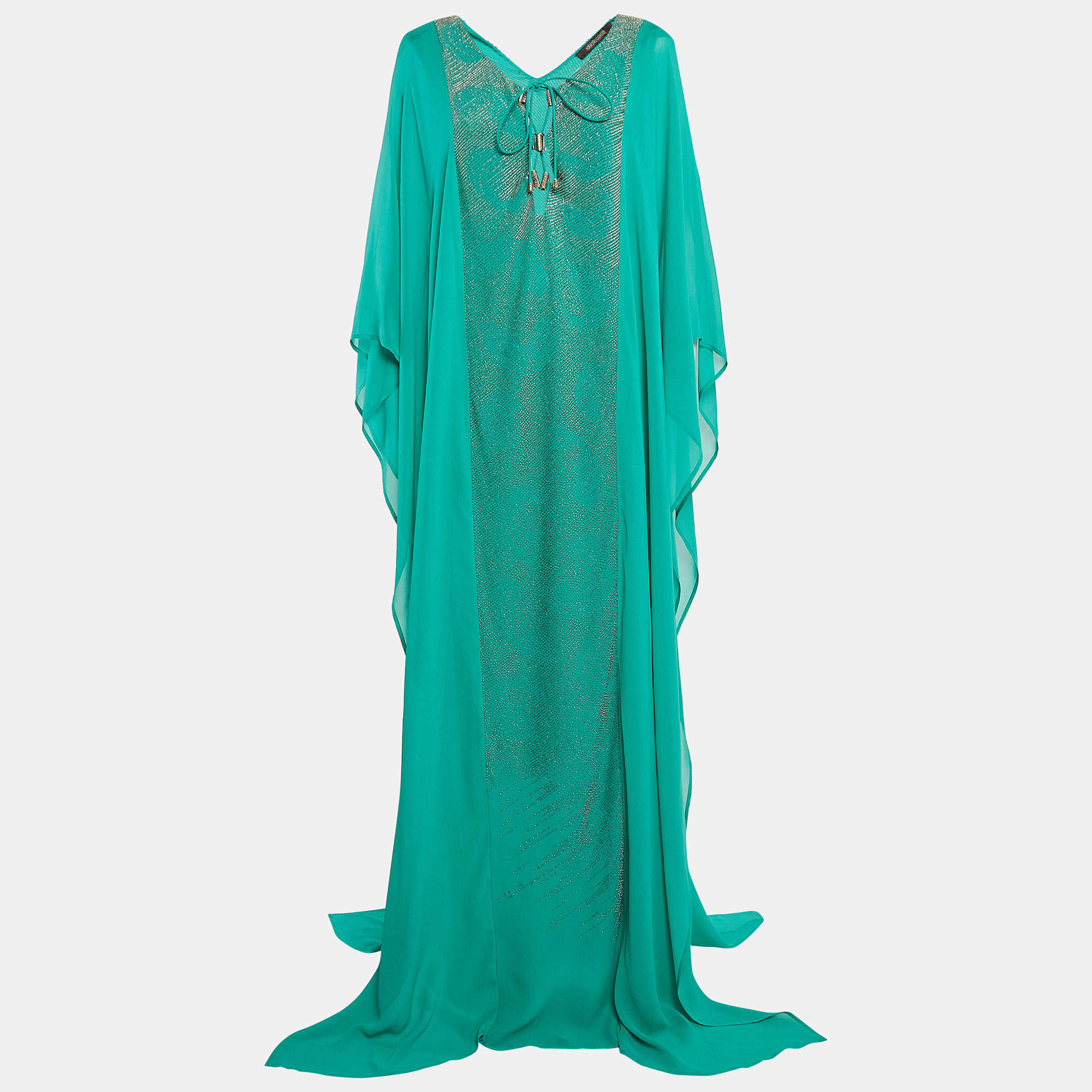 Roberto Cavalli Green Beads Embellished Silk Lace Up Maxi