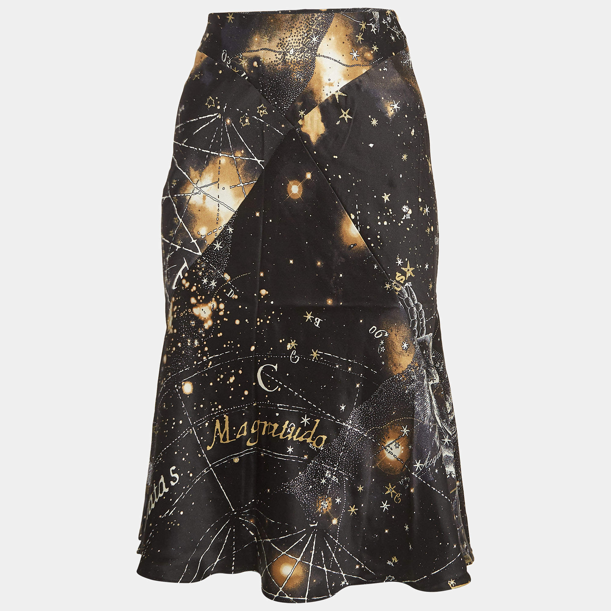 Pre Owned Roberto Cavalli Black Constellation Print Silk Flared Midi Skirt S