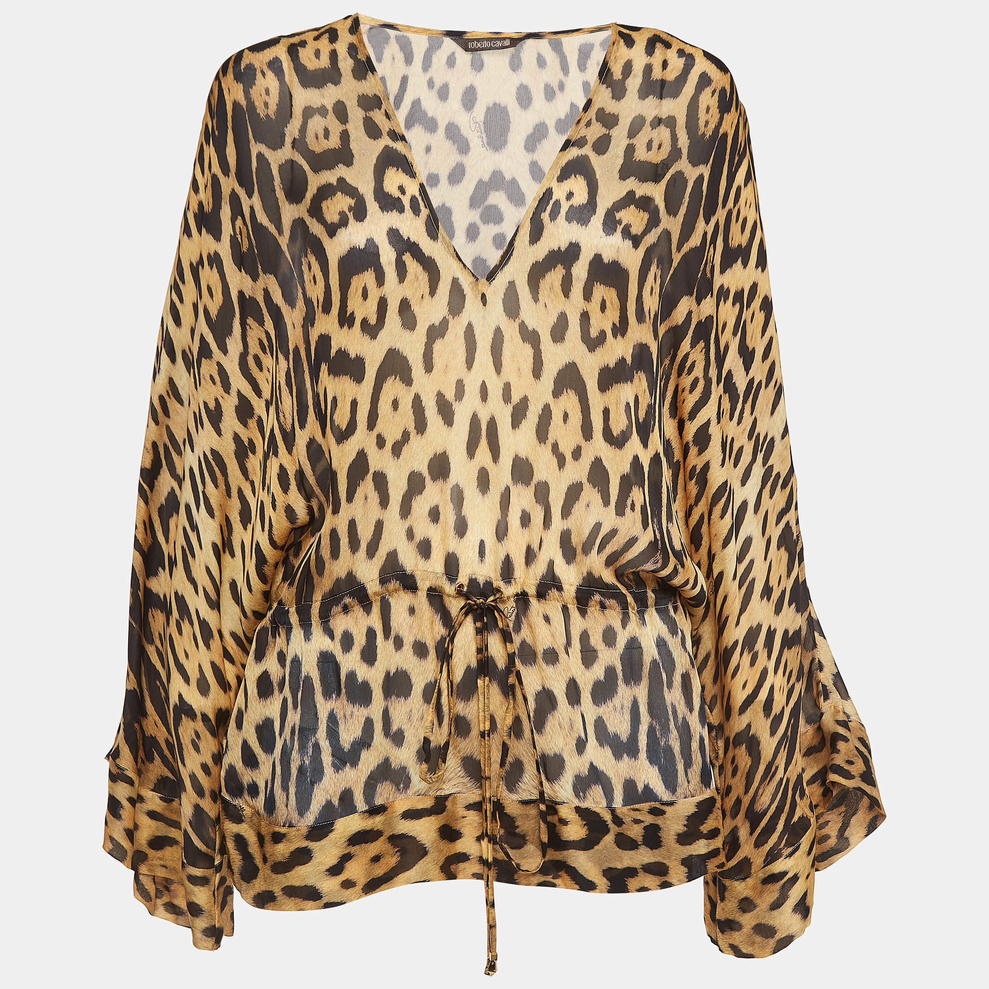 مملوكة مسبقًا Roberto Cavalli Brown Leopard Print Silk Kaftan Blouse M