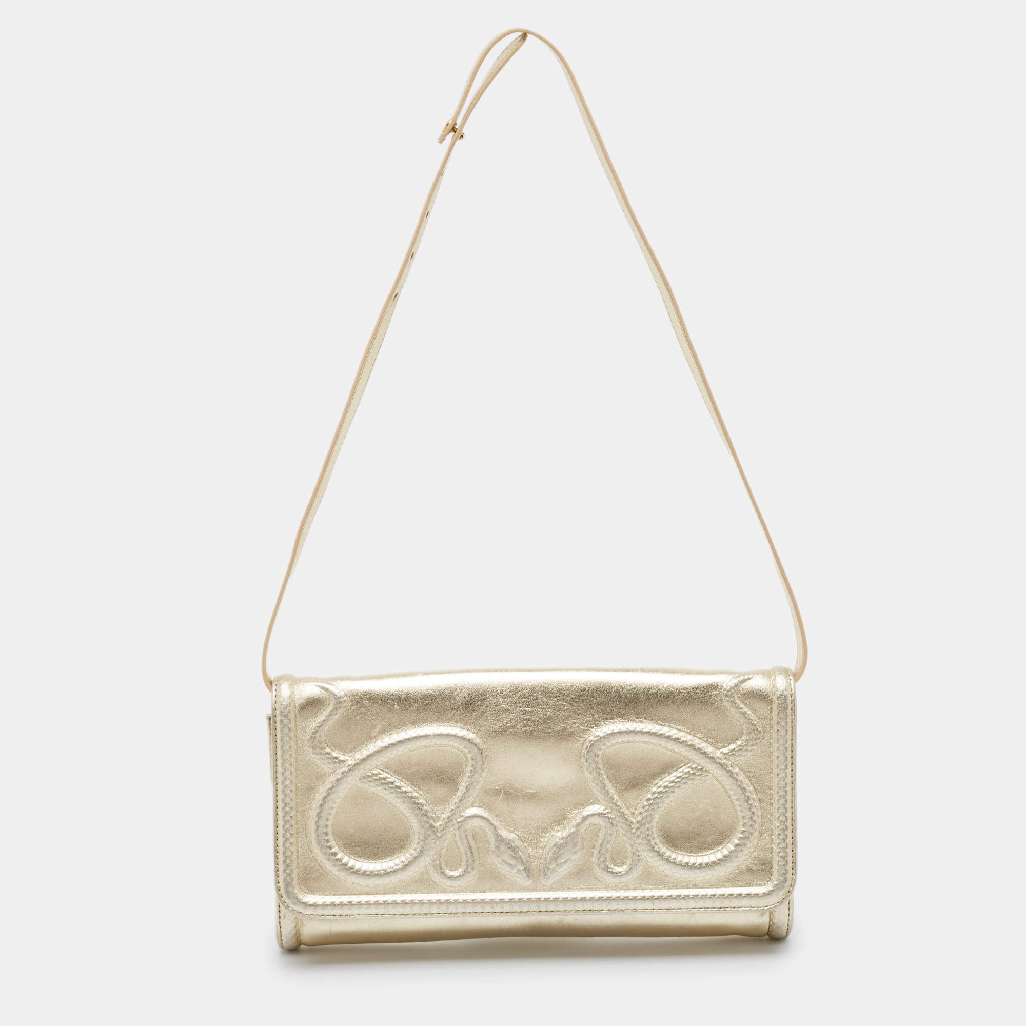 Pre Owned Roberto Cavalli Gold Snake Embossed Leather Clutch