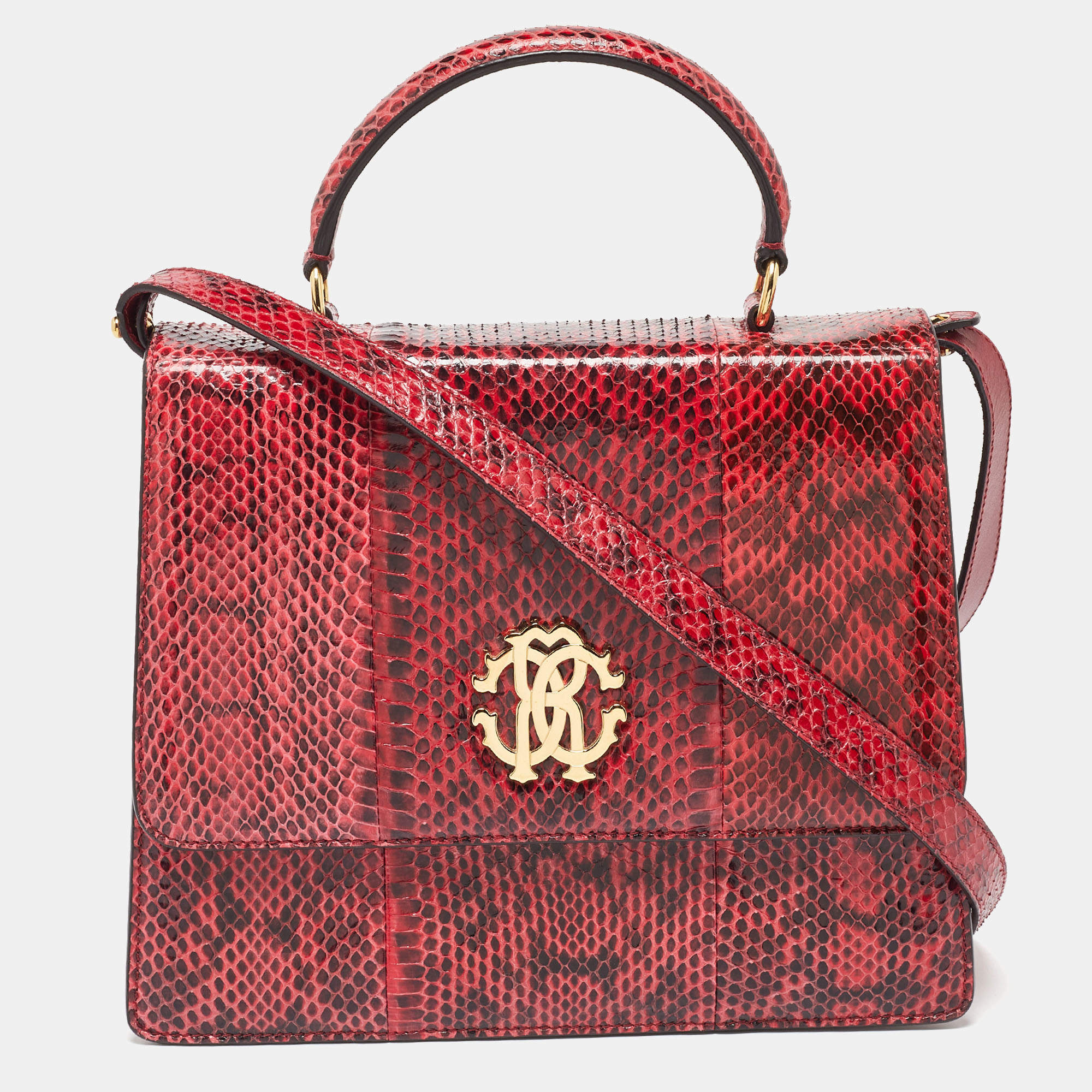 Roberto Cavalli Red Water Snakeskin Flap Top Handle Bag