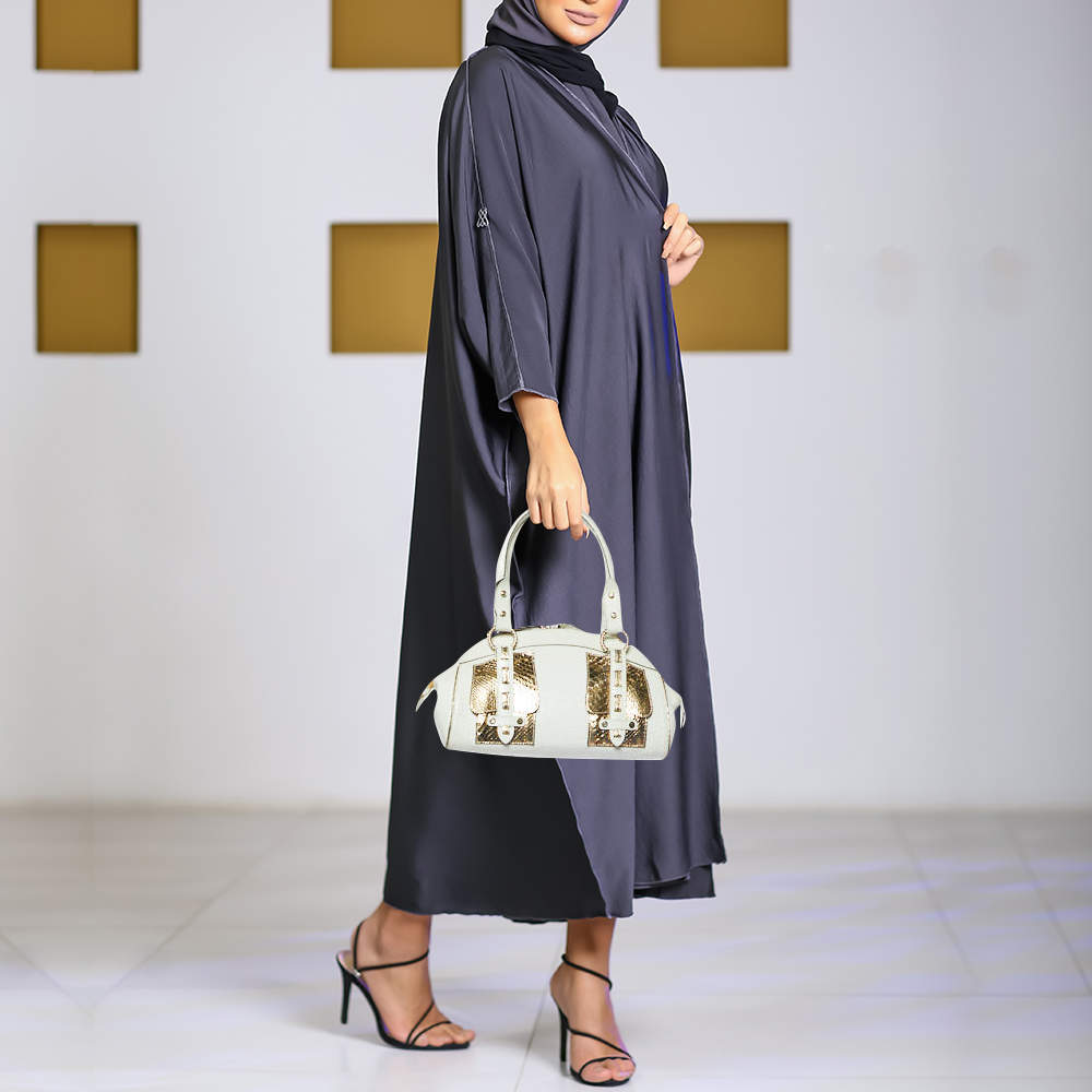 مملوكة مسبقًا Roberto Cavalli White/Gold Croc Embossed Leather and Snakeskin Satchel