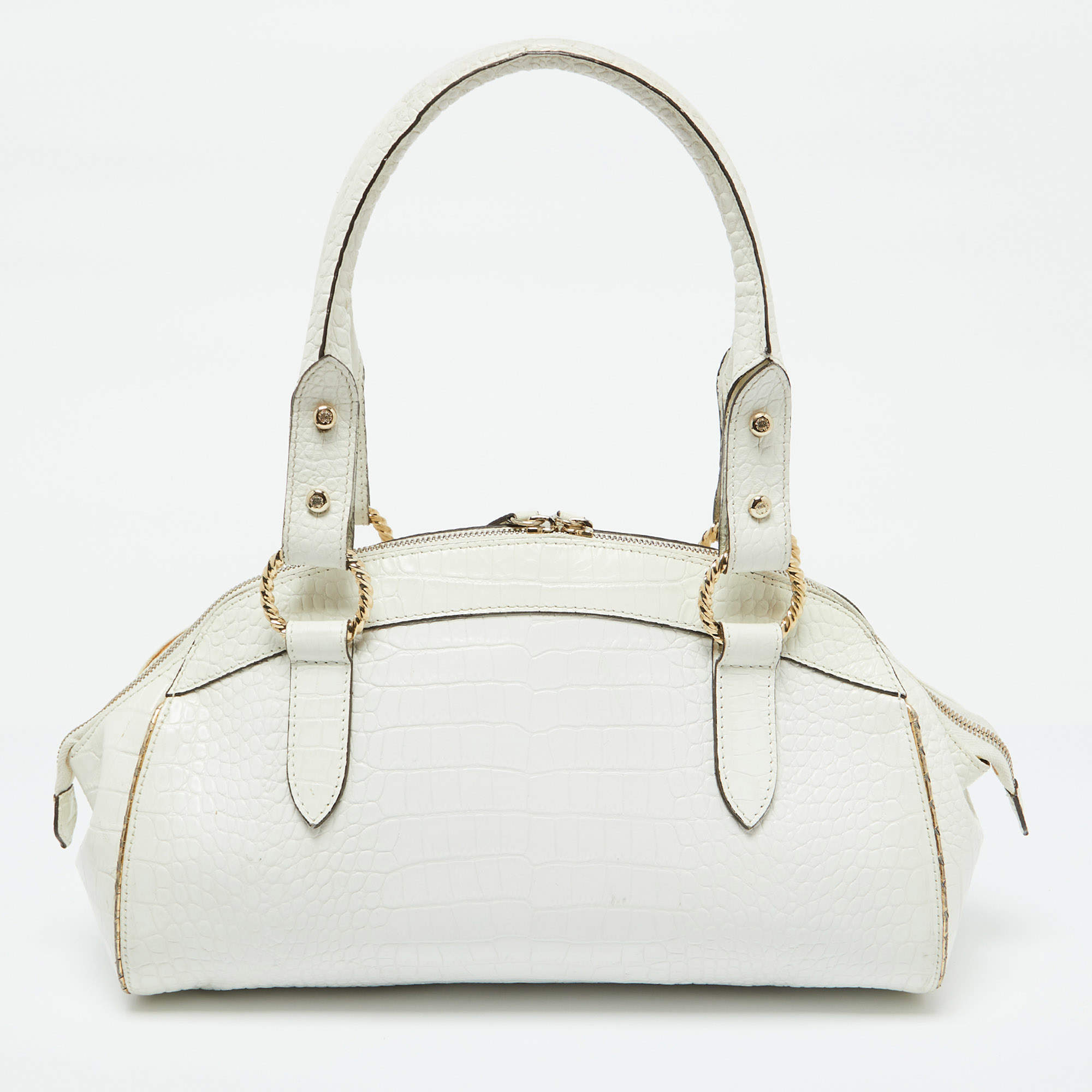 مملوكة مسبقًا Roberto Cavalli White/Gold Croc Embossed Leather and Snakeskin Satchel